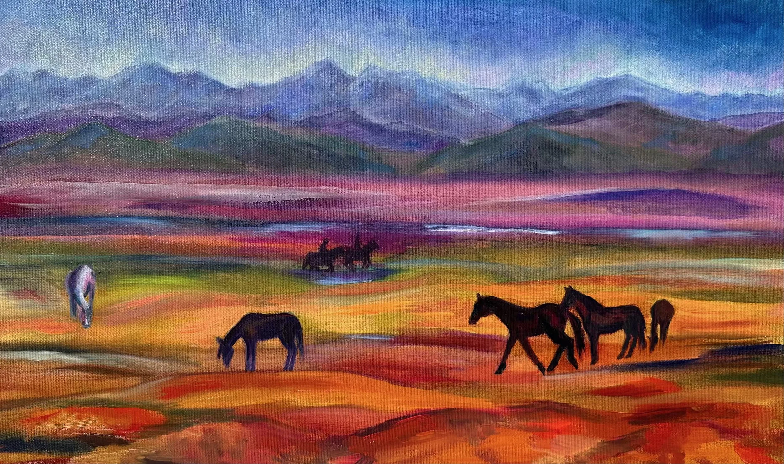 Kirgistan, Oel über Mischtechnik auf Leinwand, Originalbild, 42x68x2cm
