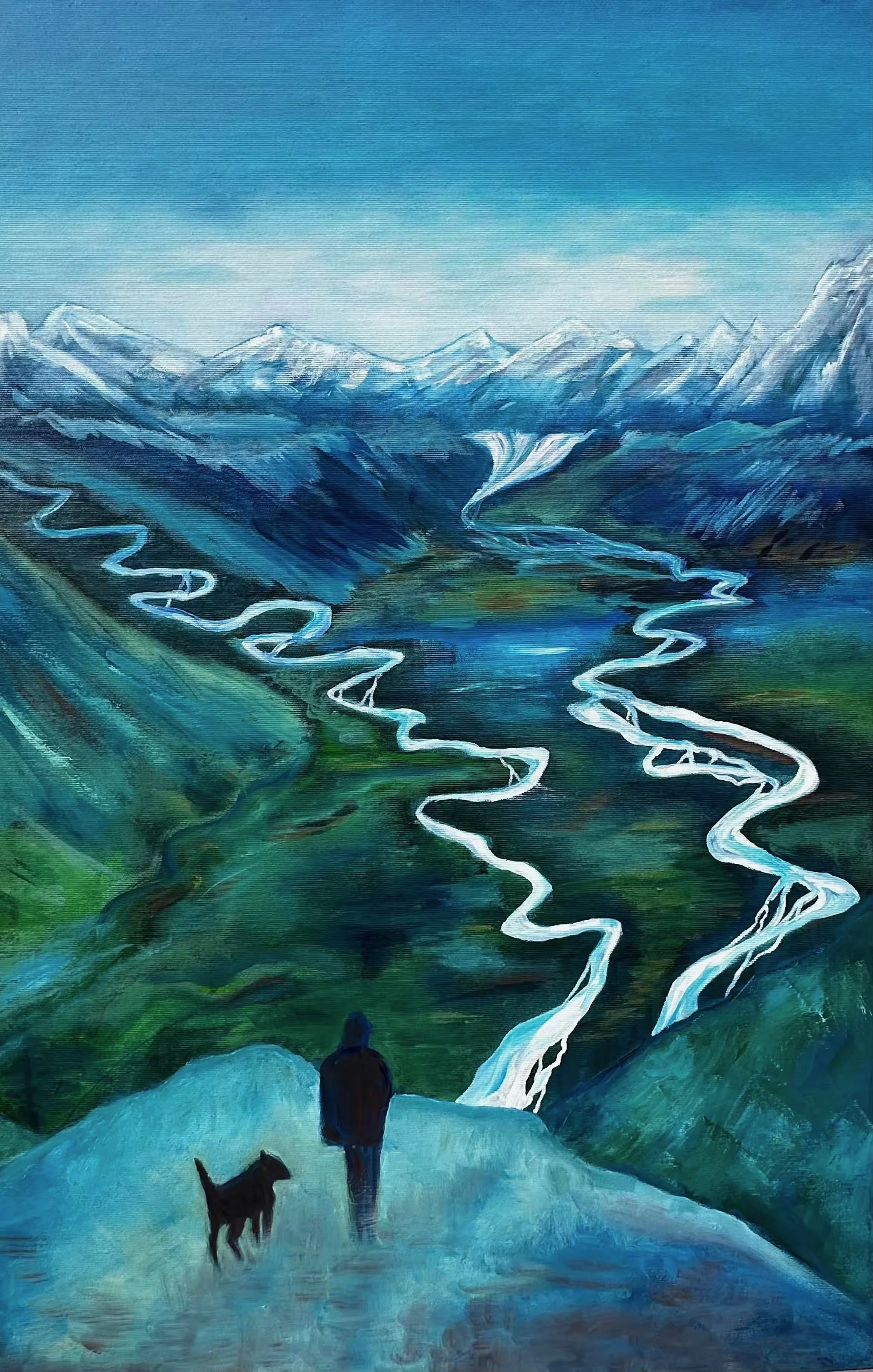 Fantastische Berge grün, Oel über Mischtechnik auf Leinwand, Originalbild, 90x60x2cm