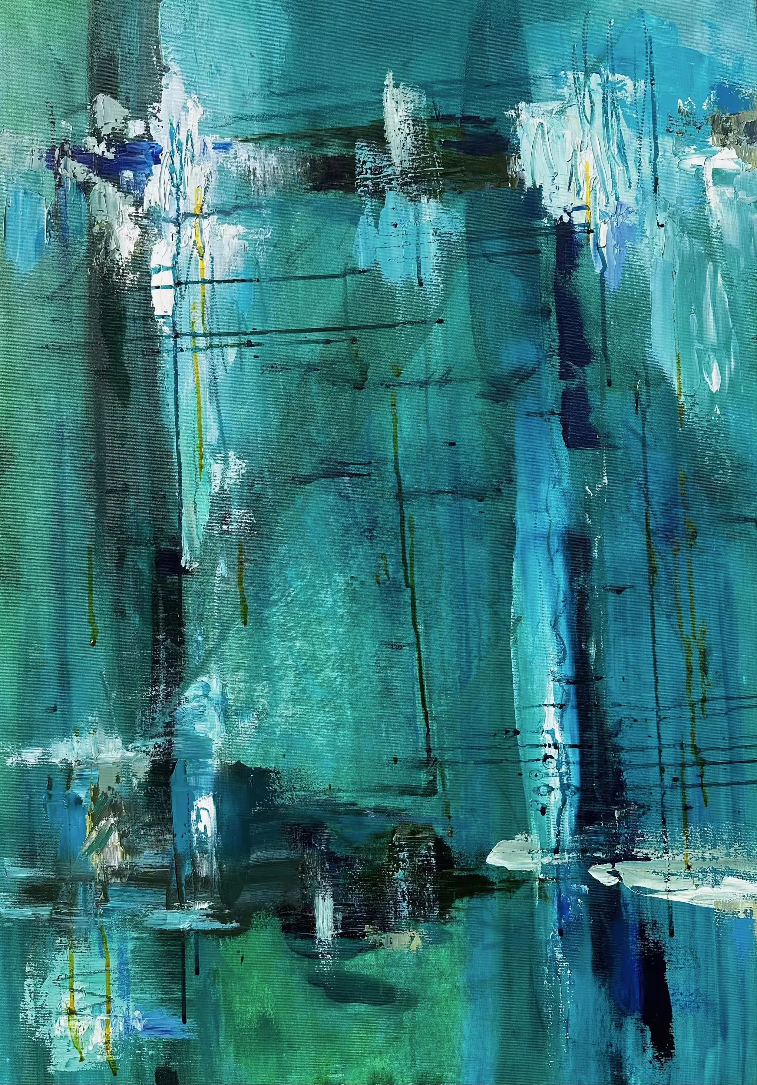Leicht in grün, Original Bild Abstrakt, Oel über Acryl, 92x65.5x2cm