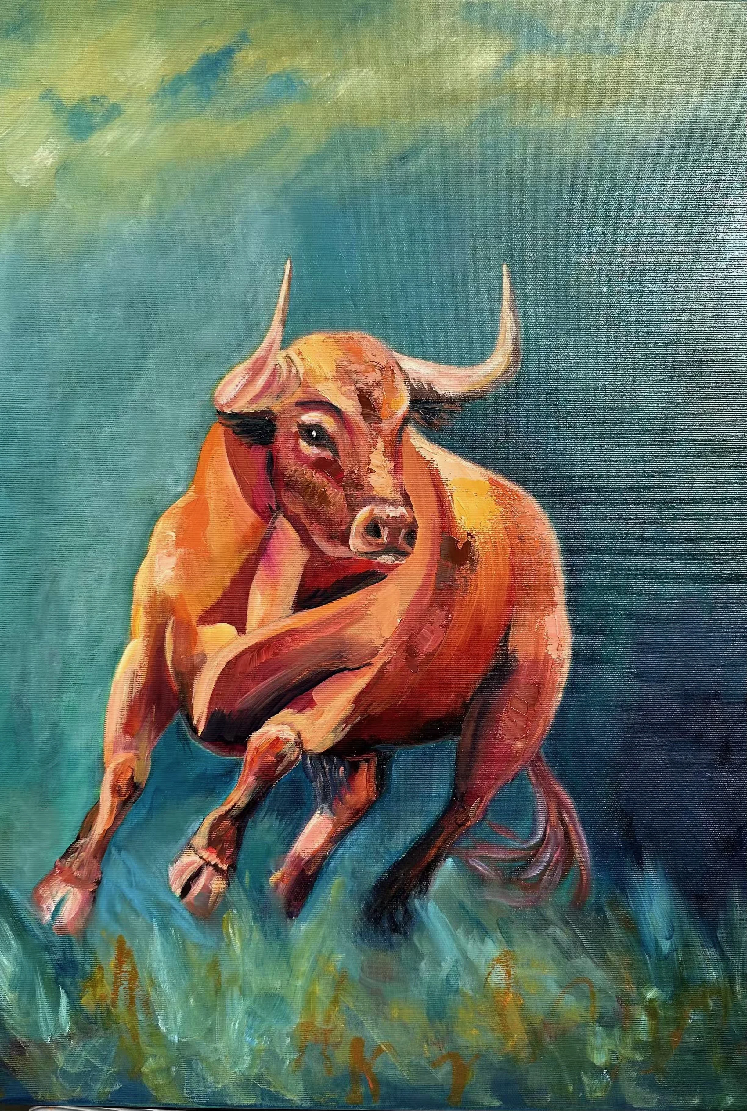 Auf los geht's los, Stier, Originalbild, Oel auf Leinwand, 70x50x2cm