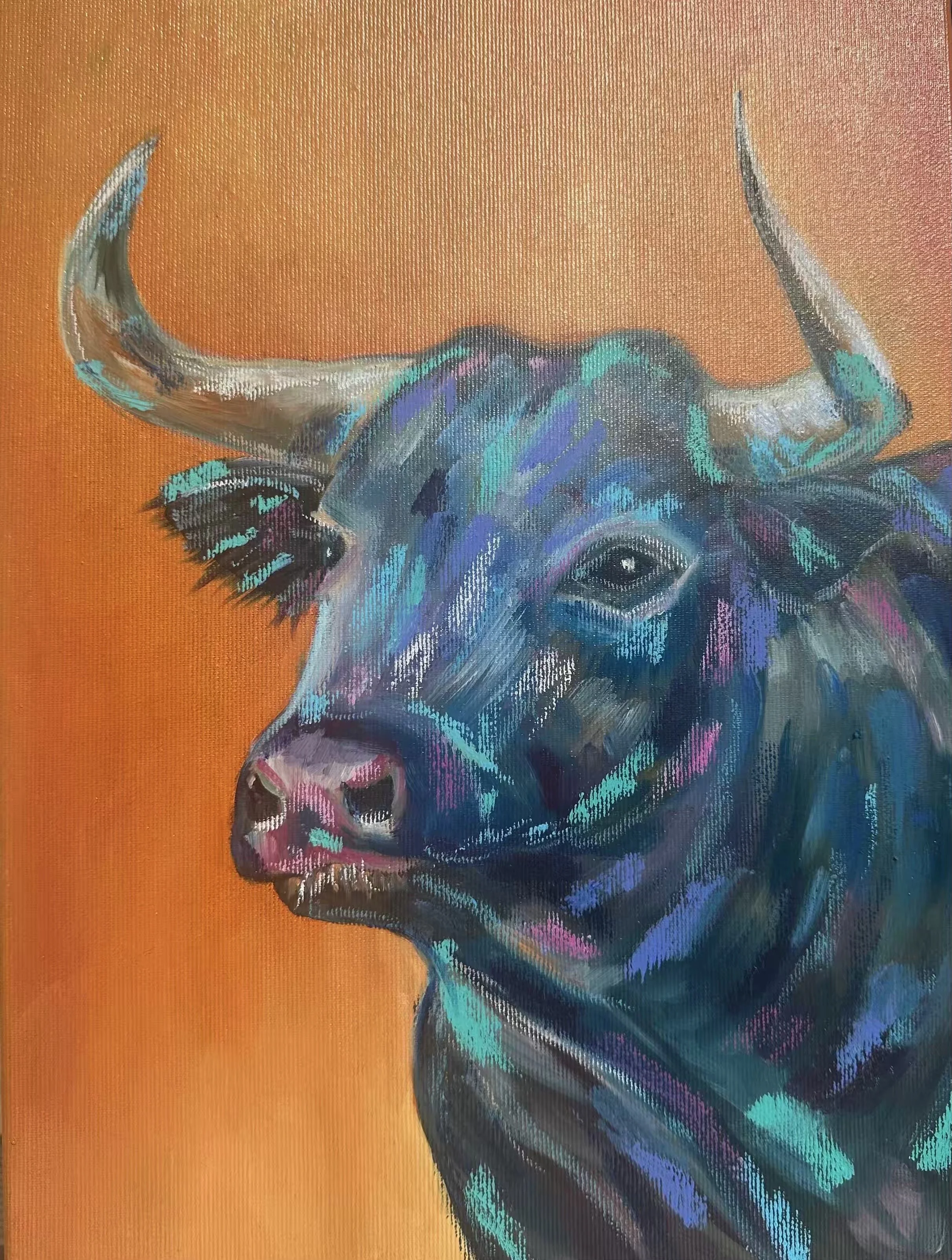 Harte Hörner, sanfter Blick, Originalbild, Stierkopf, Oel auf Leinwand, Mischtechnik, 40x30x2cm