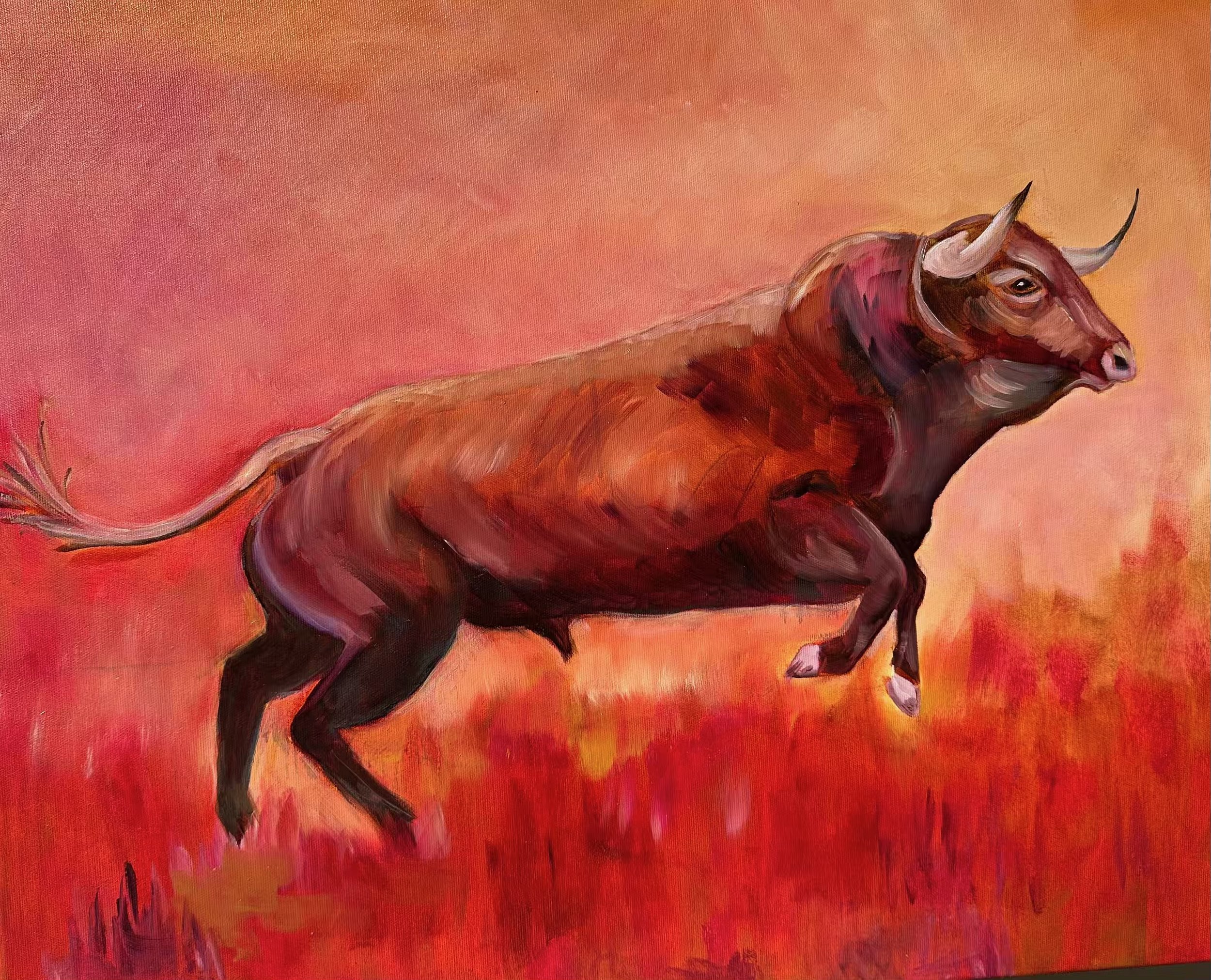 Zielstrebig und mutig, Original Bild, Stier, Oel auf Leinwand, 60x73x2cm
