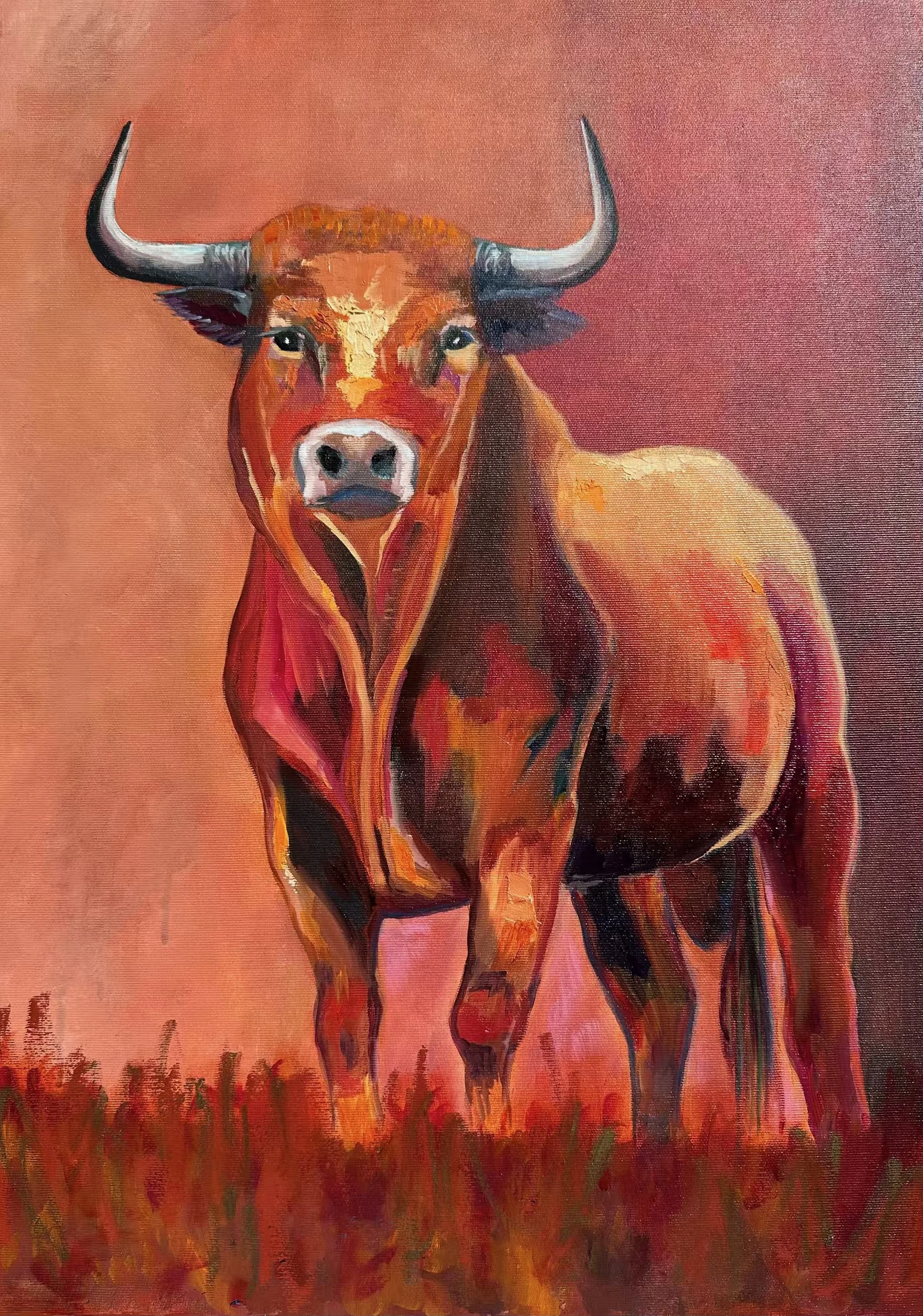Seht her, ich bin's, rostrot, Originalbild, Stier, Oel auf Leinwand, 70x50x4.5cm
