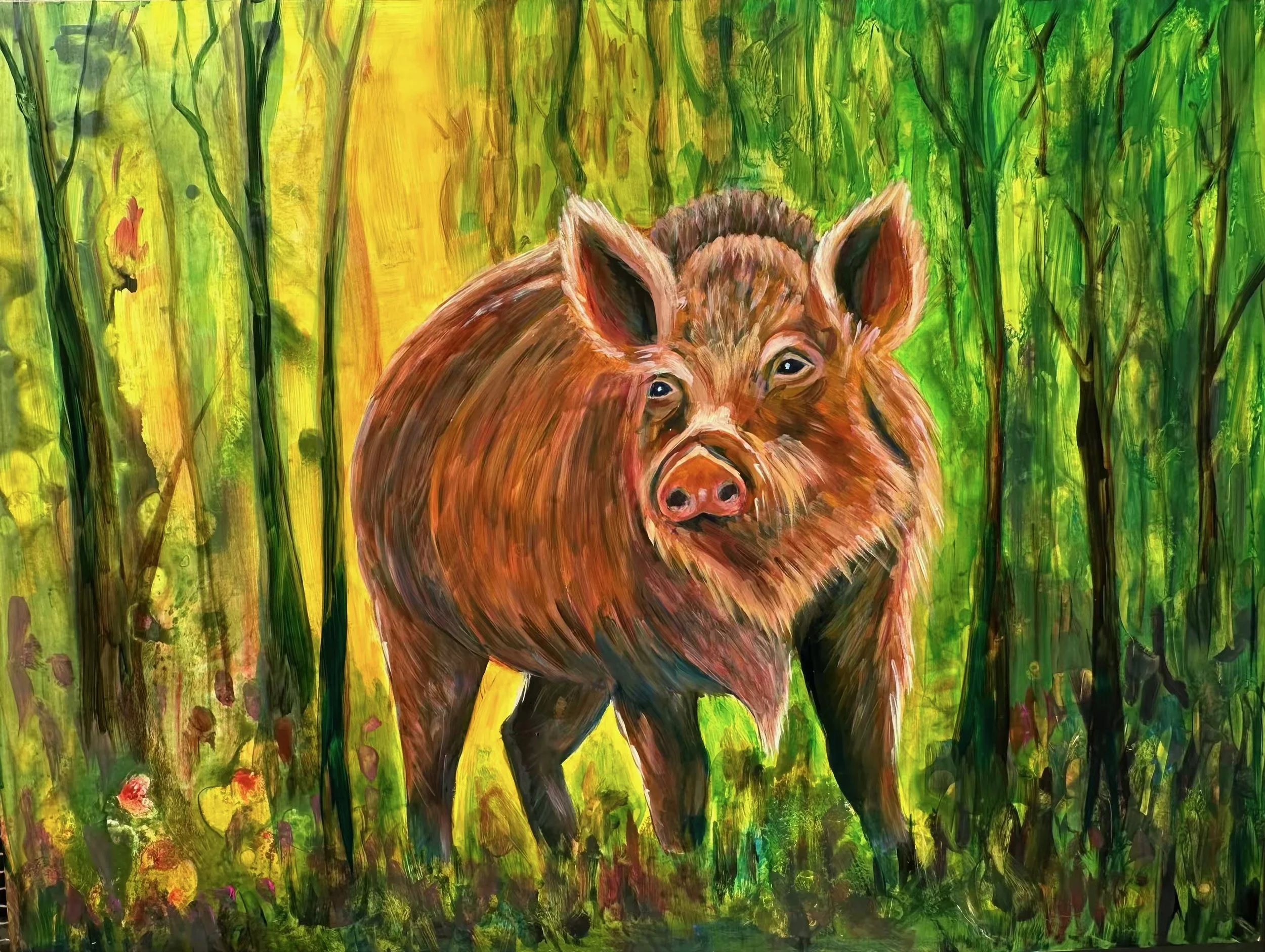 Schlaues Wildschwein, Oel über Mischtechnik auf Gesso Holzplatte, Originalbild, 60x80x2cm