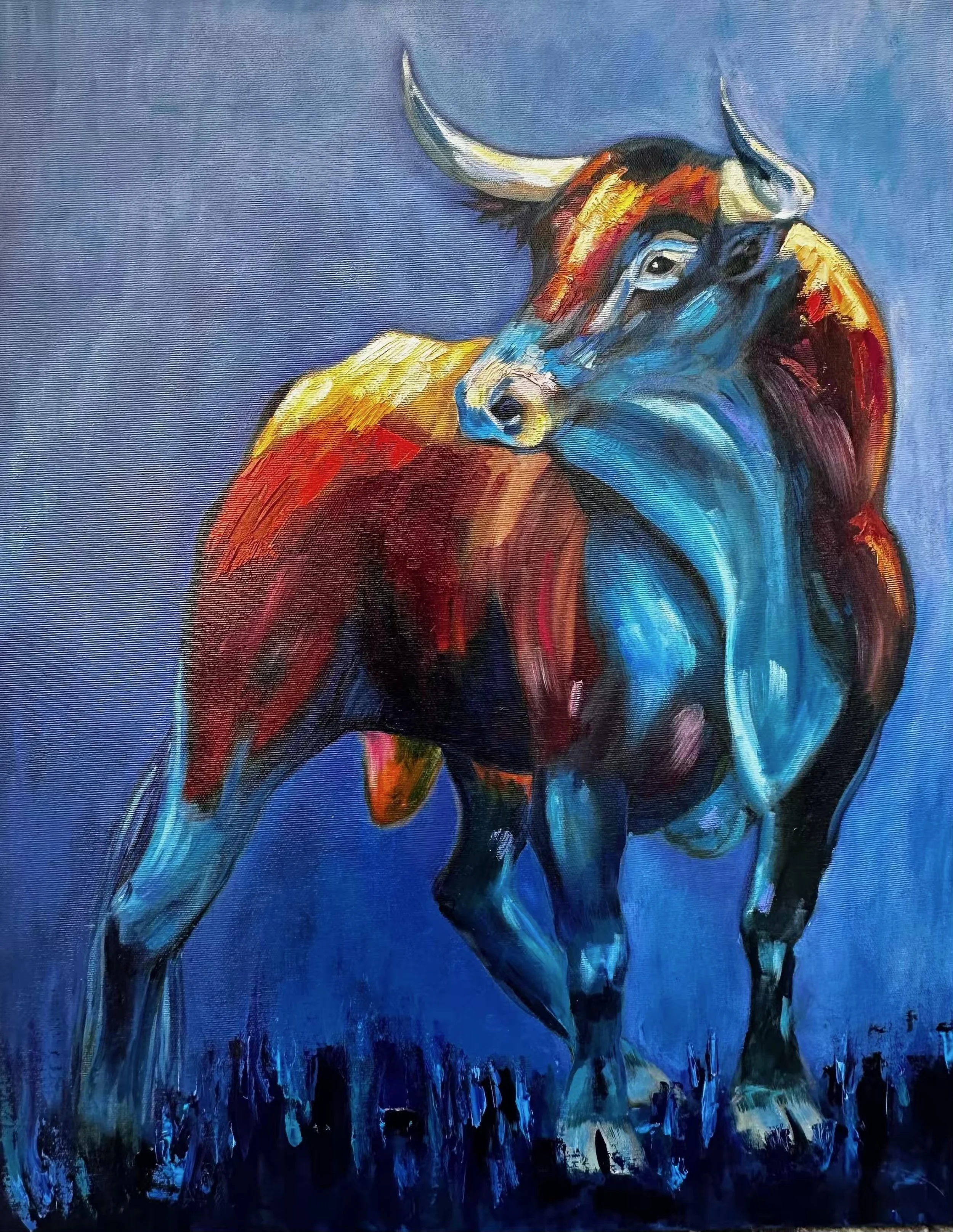 Ich warte auf meinen Moment, Stier, Originalbild, Oel auf Leinwand, 60x73x2cm