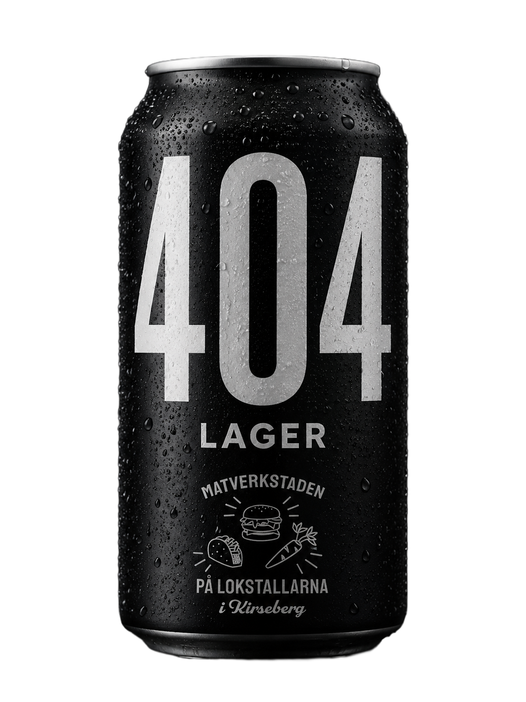 Svart burk med texten '404 LAGER' och små vattenstänk. Lägg till texten 'Matverkstaden på lokstallarna i Kirseberg' och bilder av en hamburgare, en taco och en morot.