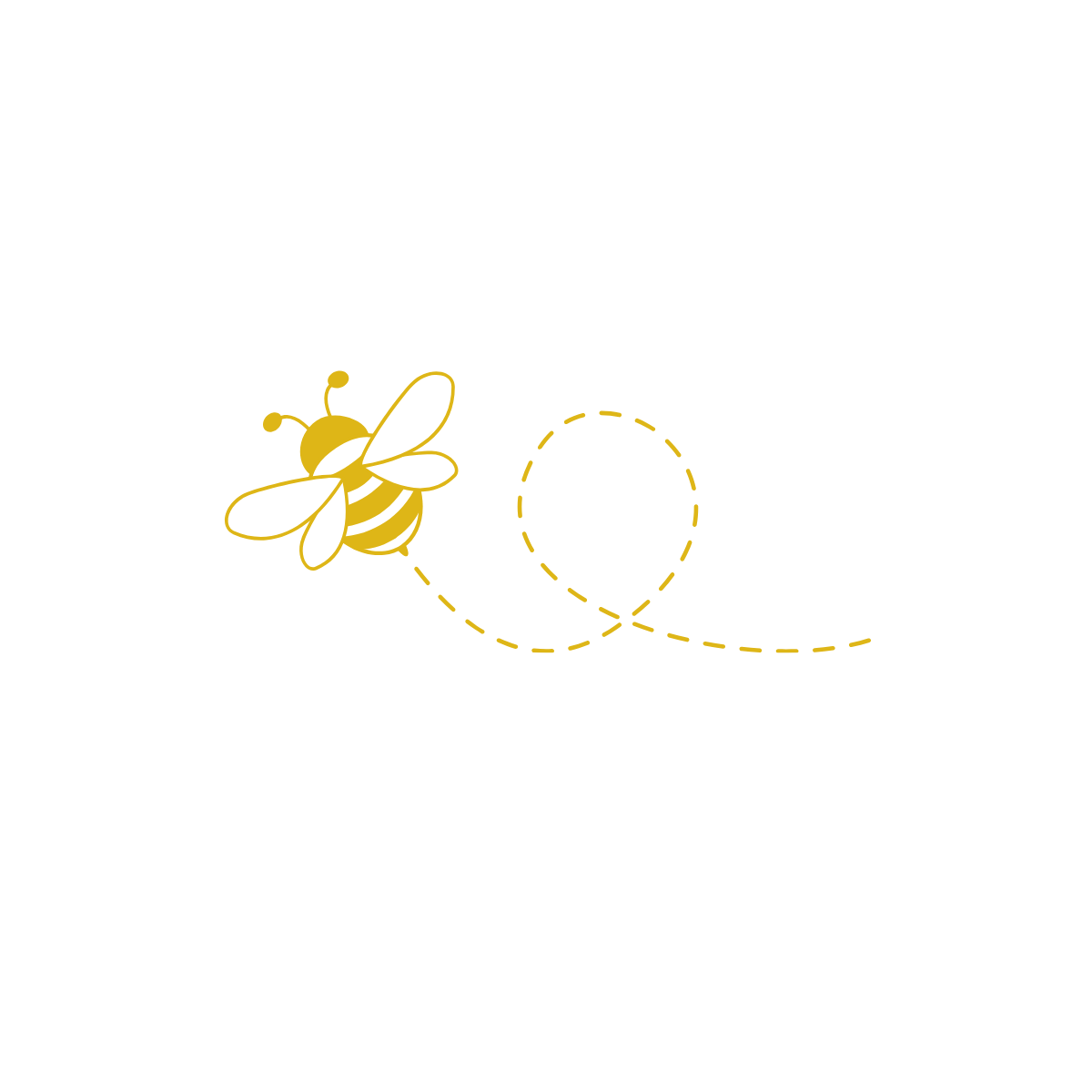 A black background with a yellow and white cartoon bee and a dashed yellow trail forming a looping pattern.