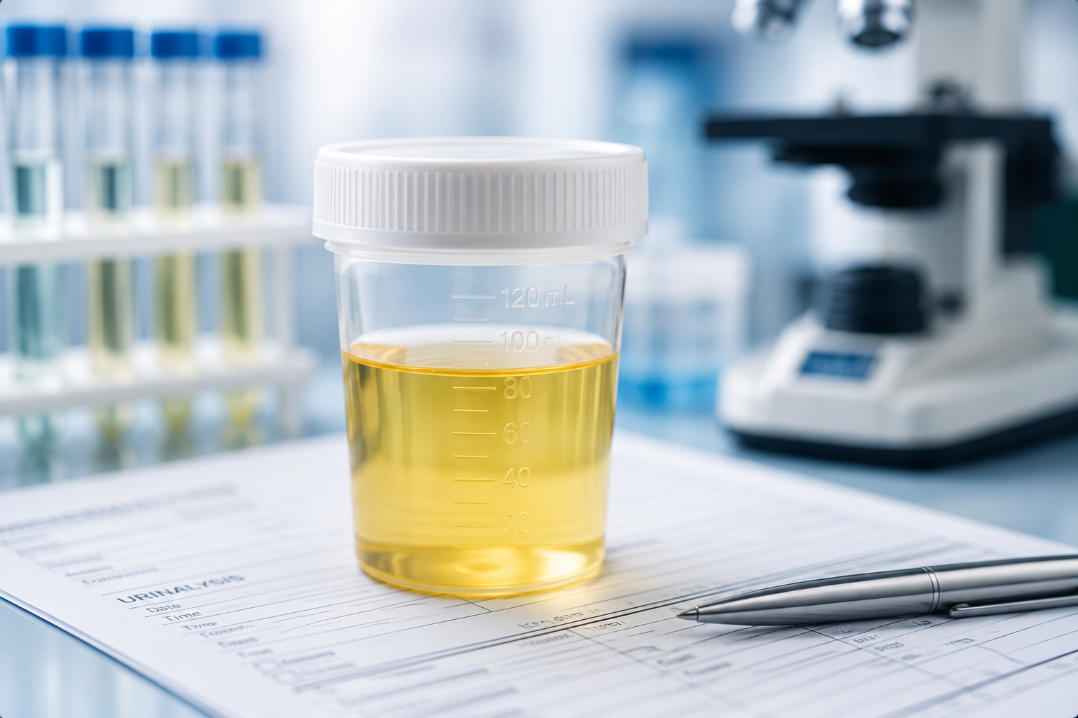 Urine sample collection container on laboratory report with pen next to it, in a lab setting with microscope and test tubes in the background.