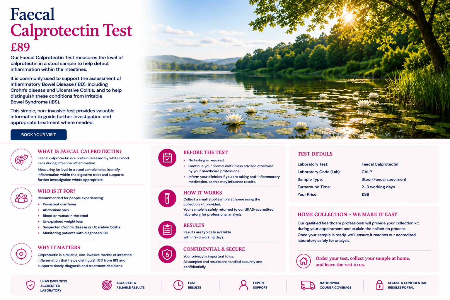 Informational webpage about faecal calprotectin testing featuring a landscape with a river, lily pads, and trees illuminated by sunlight, with sections detailing the test, procedure, and benefits.