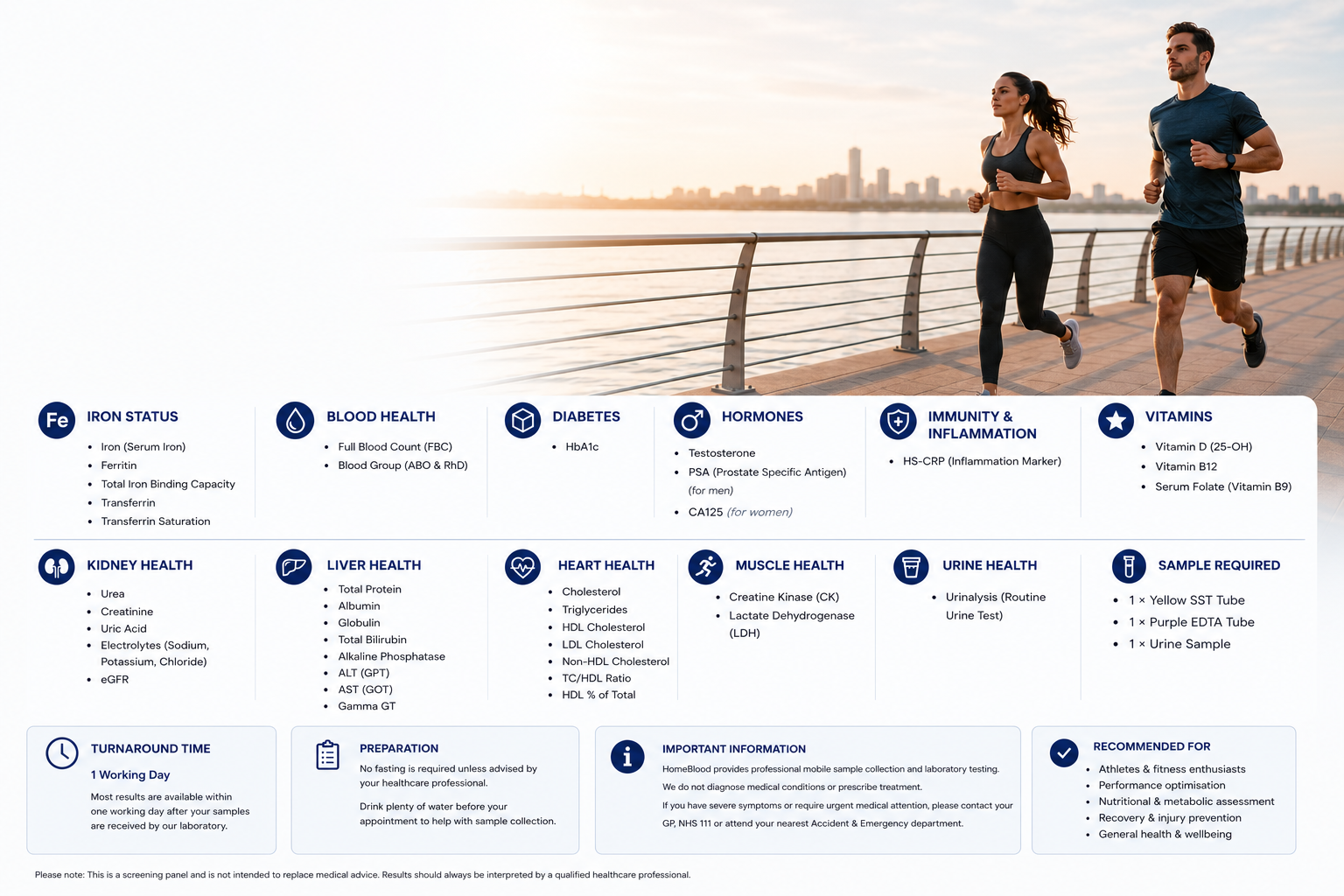 A man and woman run along a waterfront promenade at sunset, with a city skyline in the background.
