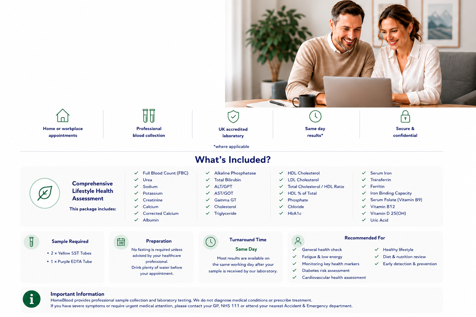 The image shows a list of healthcare services and package details for a comprehensive lifestyle health assessment, with a photo of a man and a woman smiling at a laptop in a home or office setting.