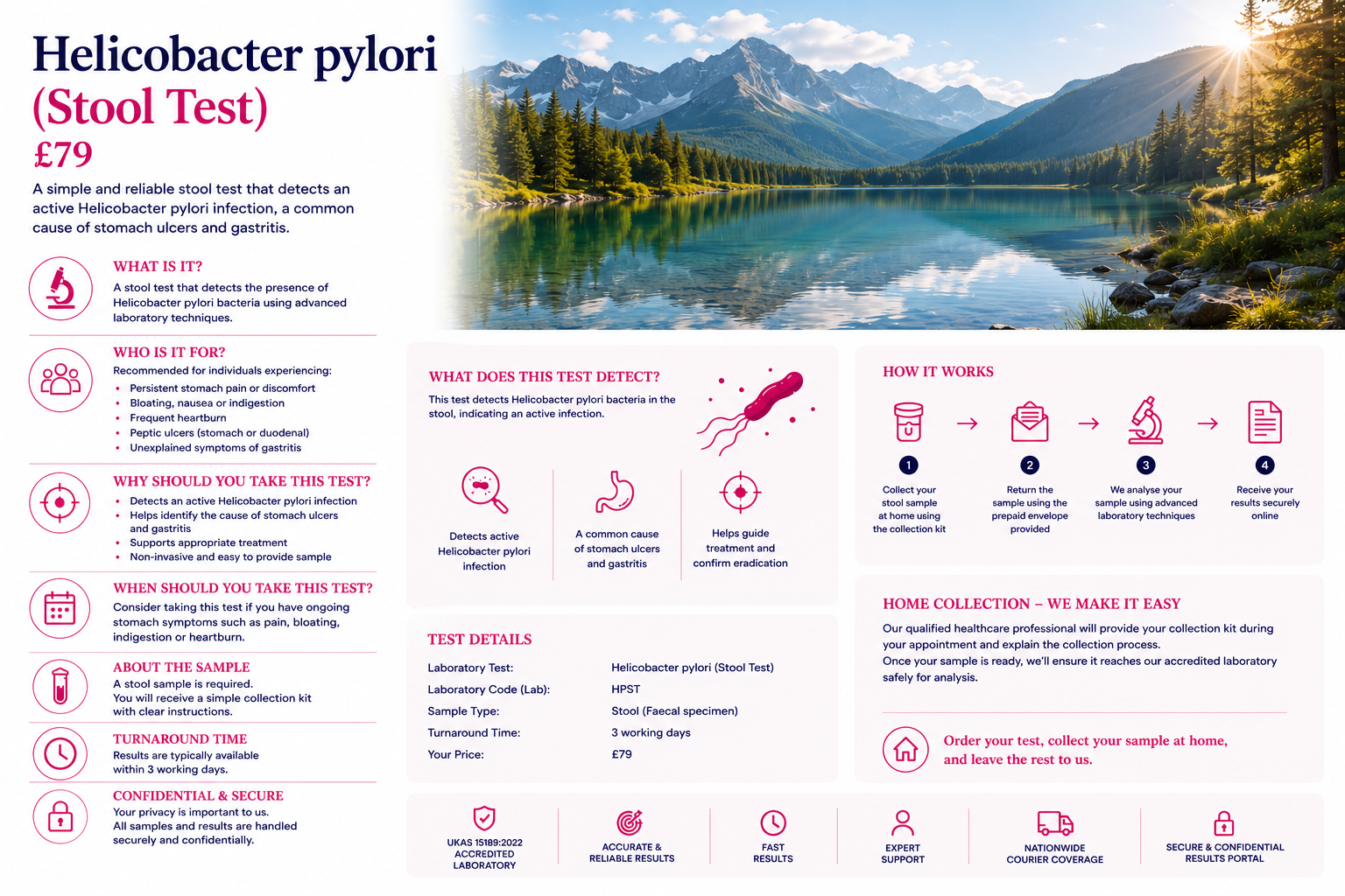 Informational poster for Helicobacter pylori stool test with a scenic mountain lake and forest background. Contains sections explaining the test, its purpose, how it works, sample collection, turnaround time, and confidentiality, with pink icons and text.