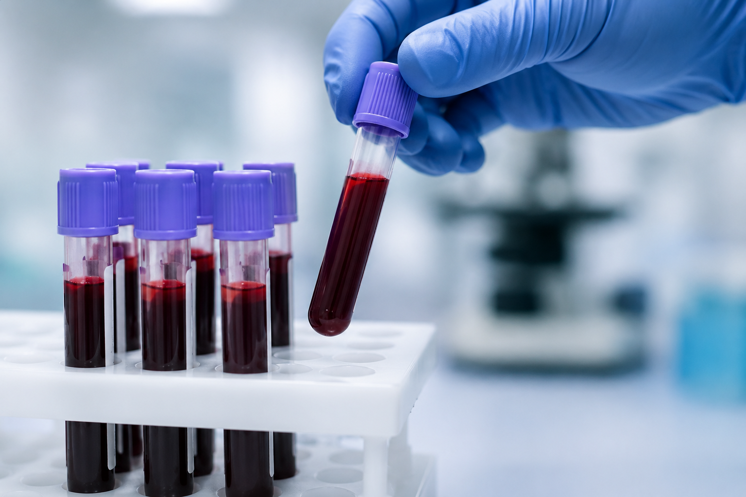 A laboratory researcher wearing blue gloves handles a test tube filled with red liquid, with several other test tubes containing similar liquid on a rack.