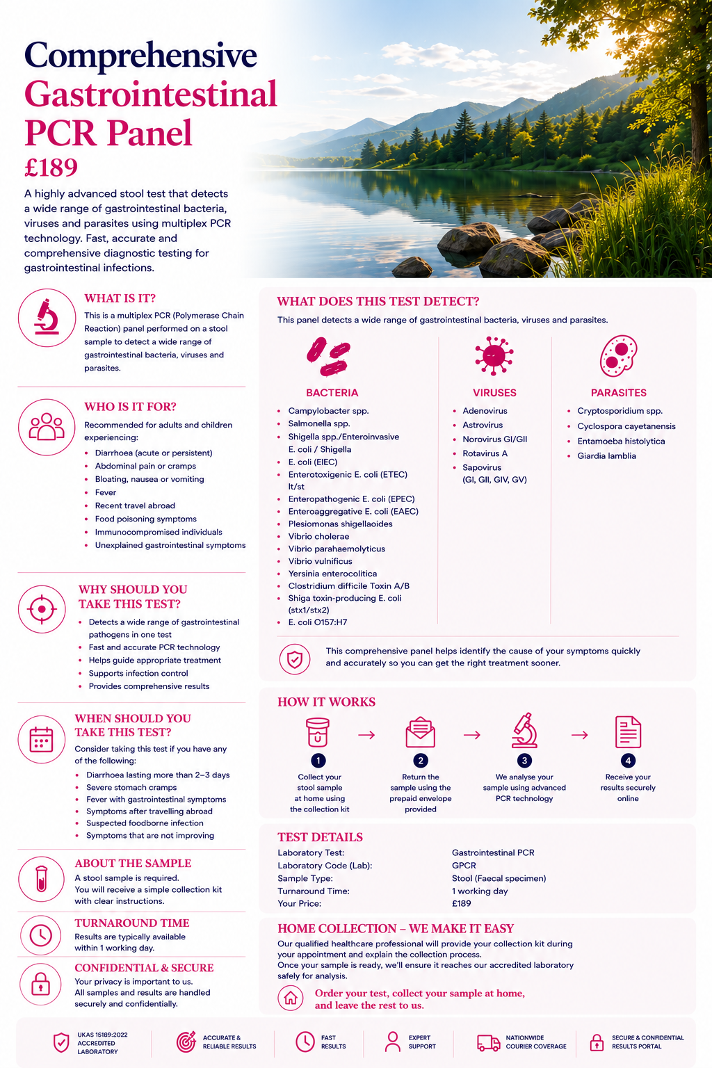 Information poster for a comprehensive gastrointestinal PCR panel testing, priced at £189, featuring a scenic lakeside landscape with mountains and trees.