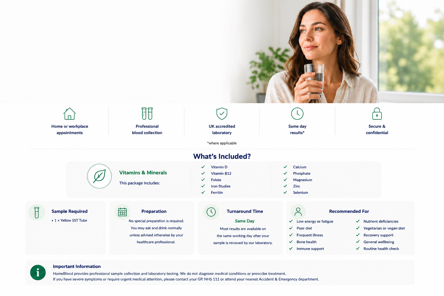 Health information webpage about blood tests and vitamins, featuring icons for home or workplace appointments, blood collection, UK accreditation, same day results, and confidentiality, with details on included vitamins and minerals, sample requirements, preparation, turnaround time, and recommendations.