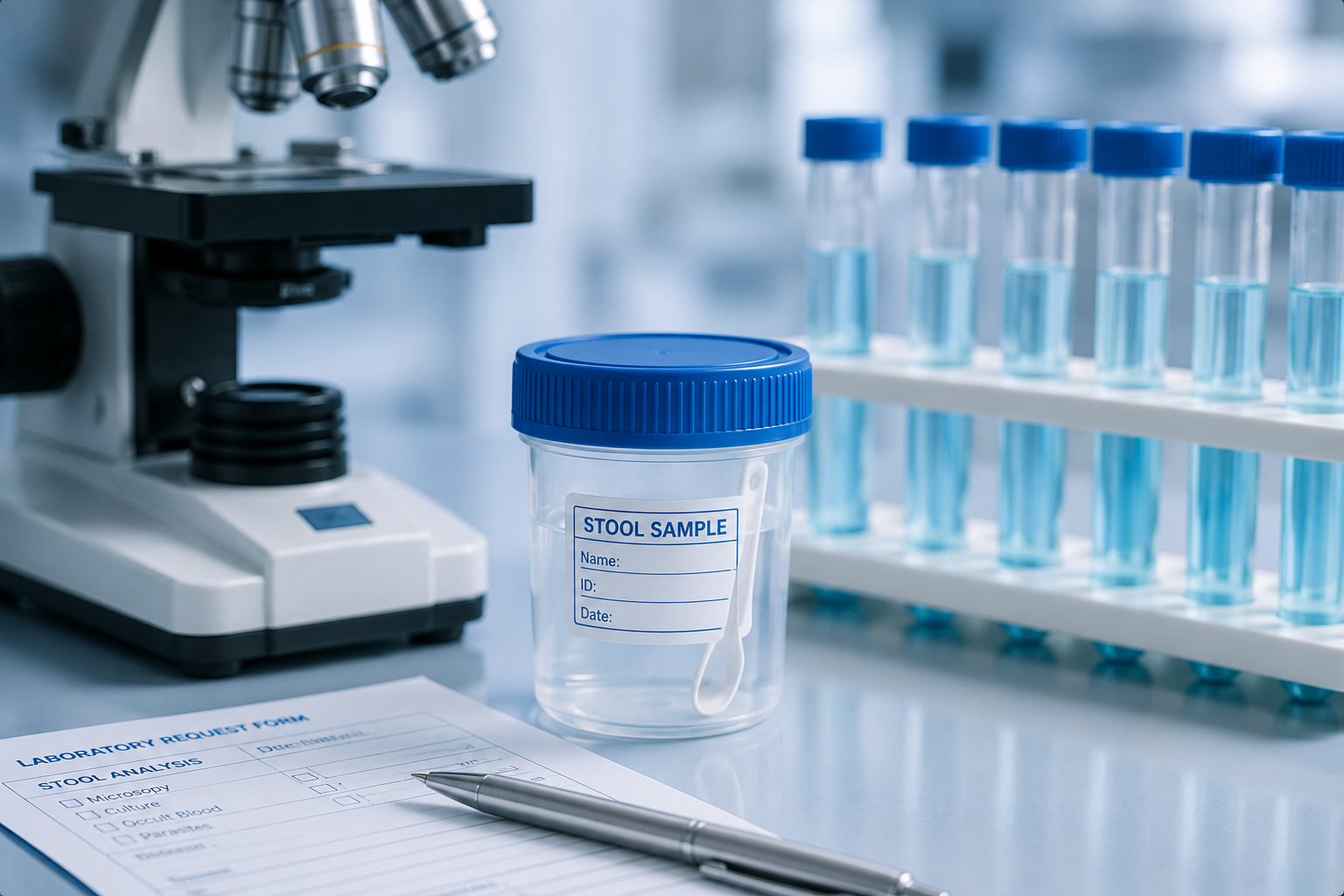 Laboratory scene with a microscope, test tubes filled with blue liquid, and a sample container labeled 'Stool Sample' on a laboratory table.