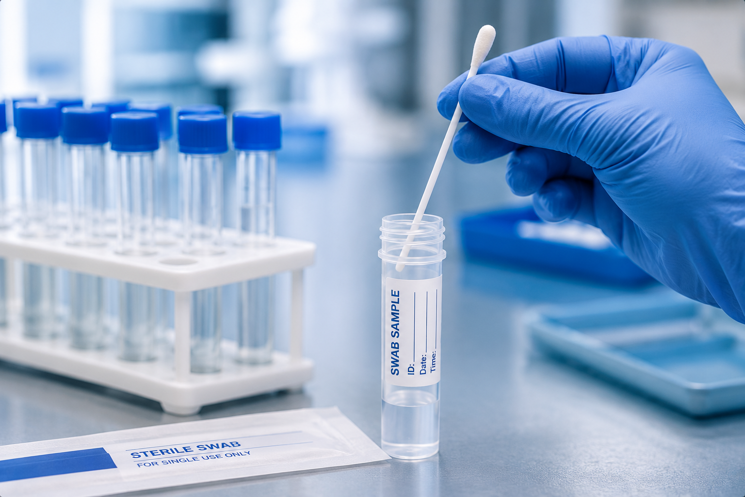 A gloved hand holding a swab and sampling a test tube in a laboratory, with test tubes and sterile swab packaging visible.