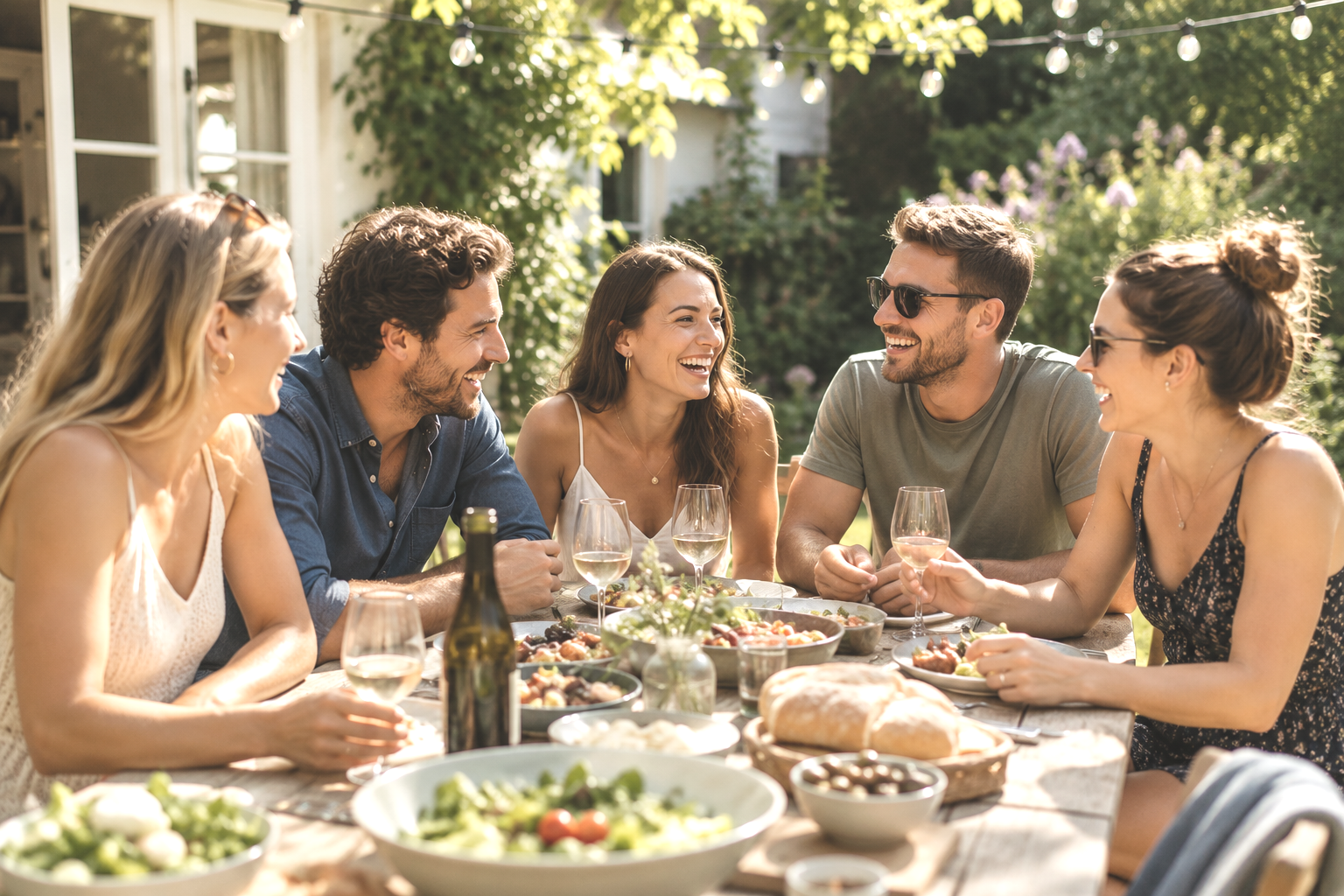 Six friends enjoying an outdoor dining party in a garden, sitting around a table with food and drinks, laughing and talking.
