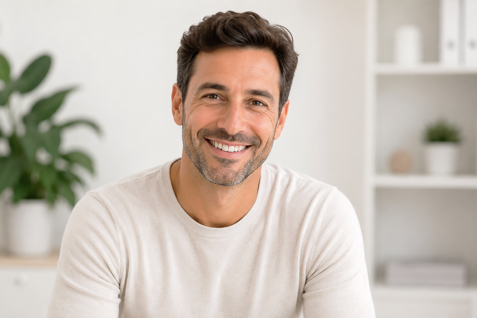 Smiling man with dark hair and beard wearing a light beige shirt, sitting in a bright room with a plant and white shelving in the background.