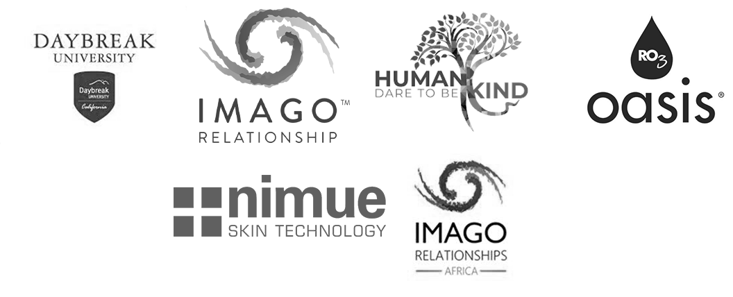 A collection of logos including Daybreak University, Imago Relationship, Human Kind Dare To Be Kind, Oasis, Nimue Skin Technology, and Imago Africa.