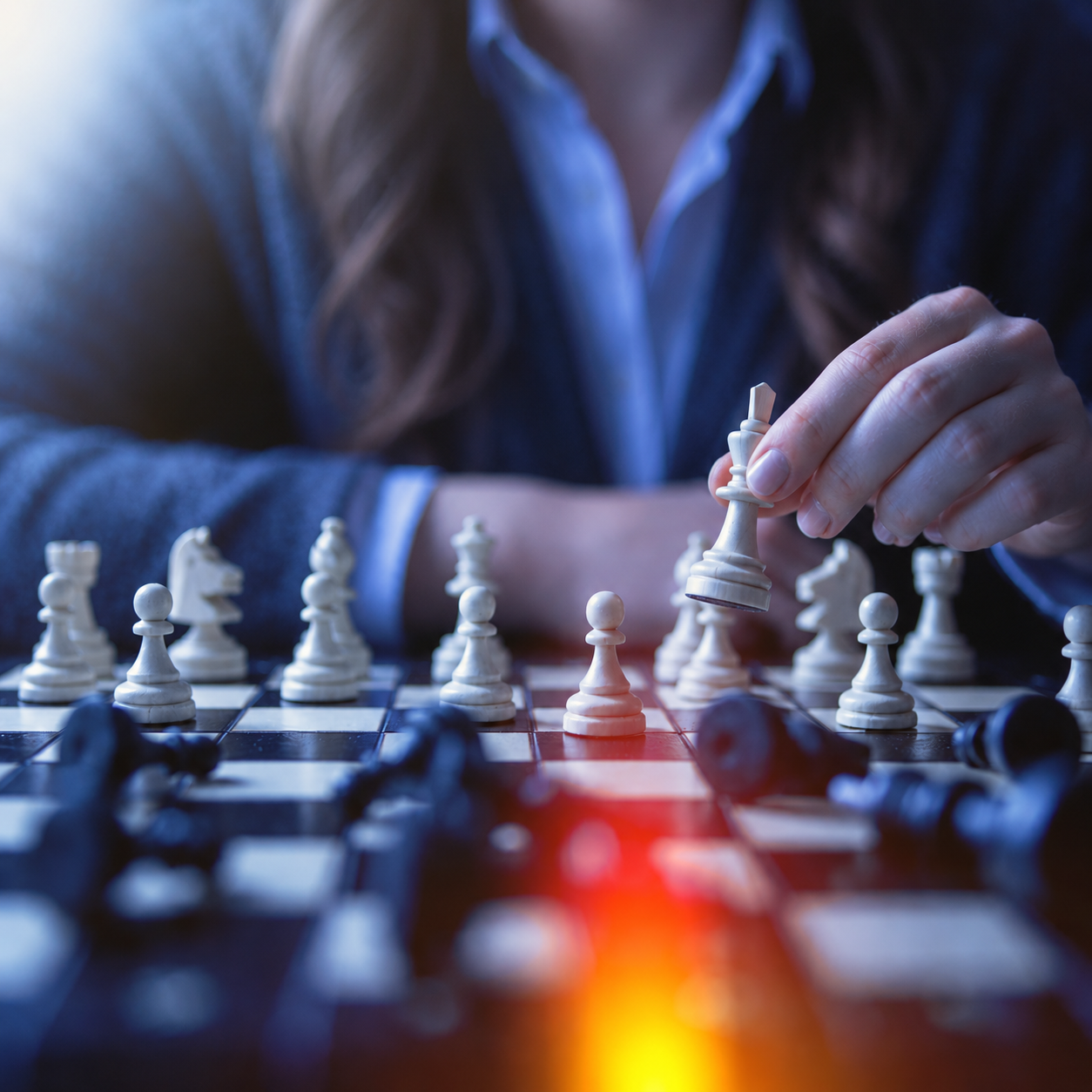 Close-up of a person playing chess, moving a white queen piece on a chessboard during a game.