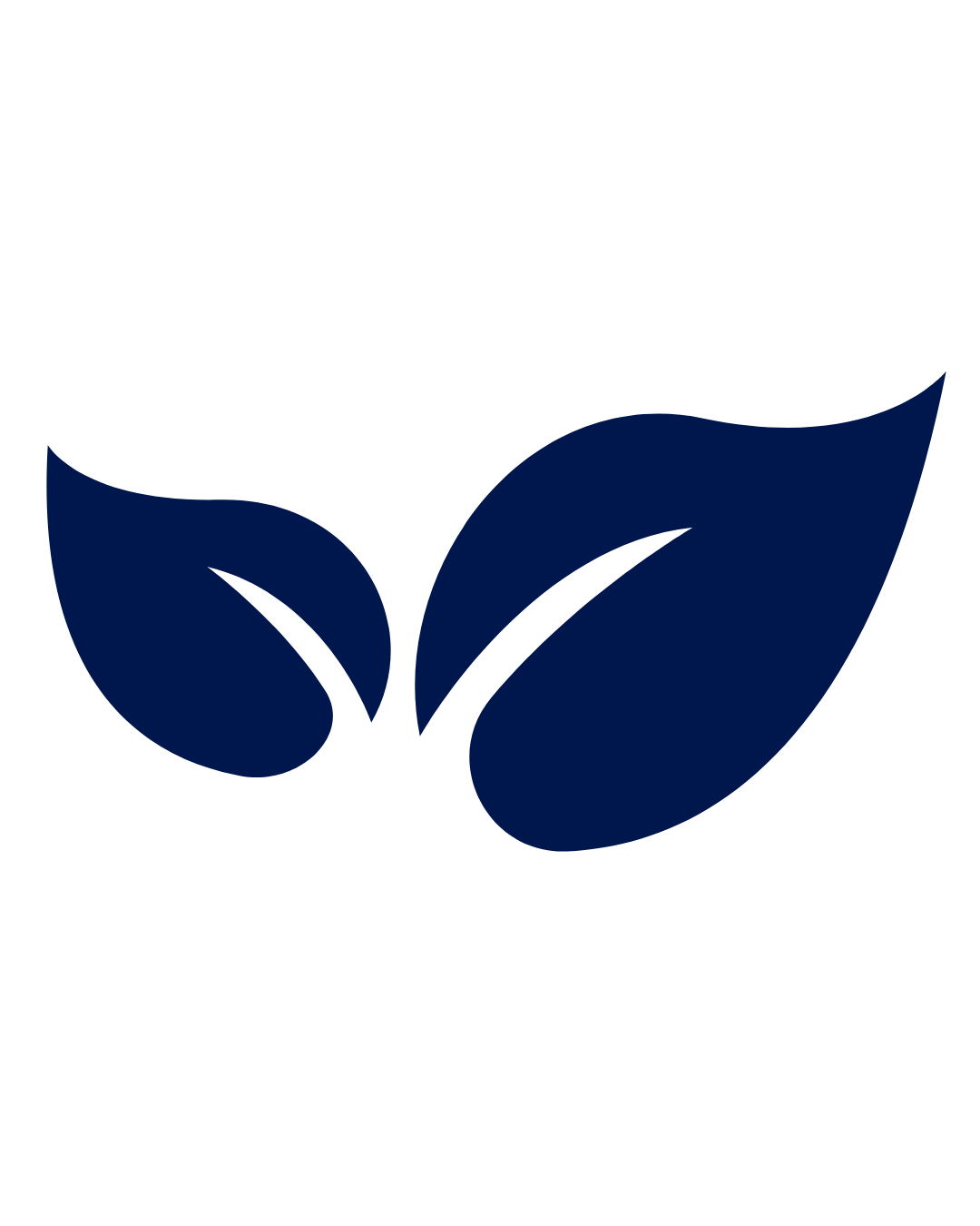 A simple logo featuring two navy blue leaves.