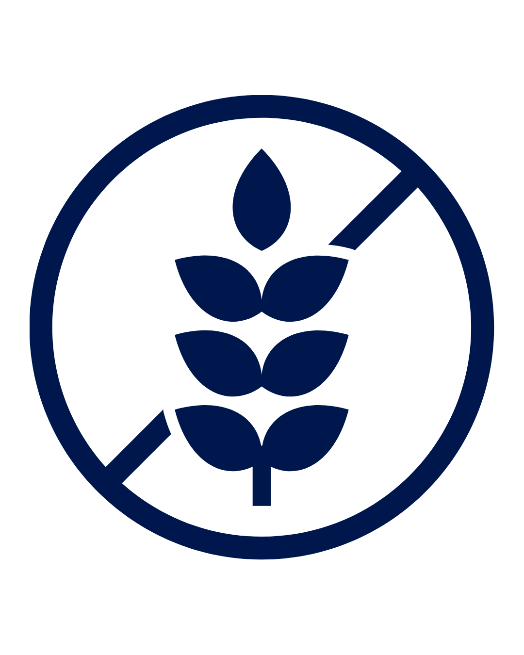 A dark blue symbol of a wheat stalk inside a circle with a diagonal line through it, indicating no wheat or gluten.