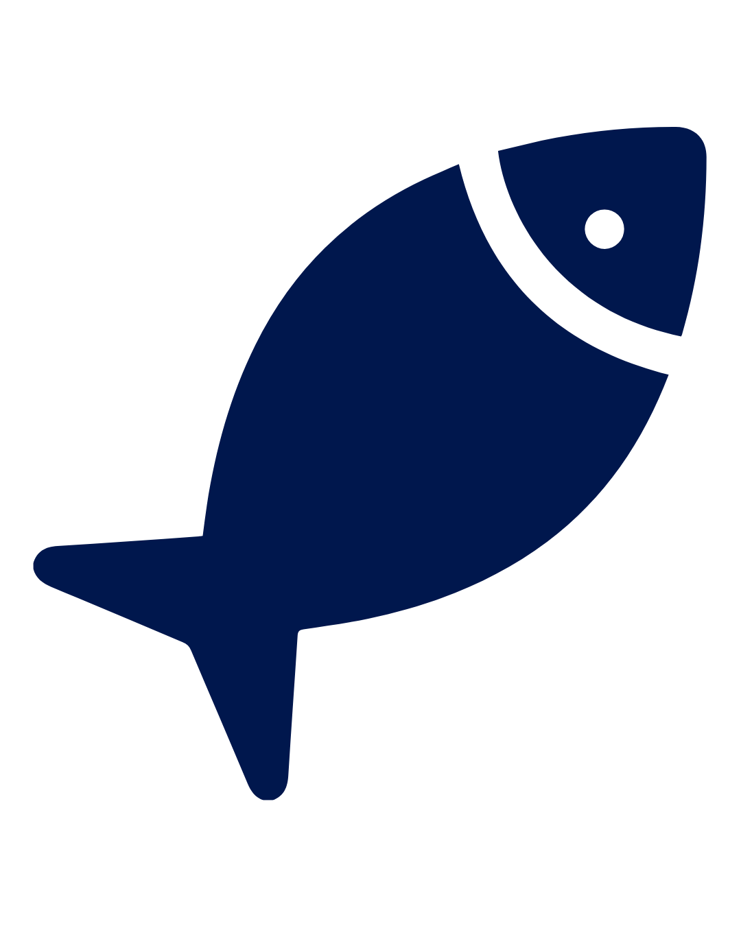 Simplified icon of a fish in dark blue color.