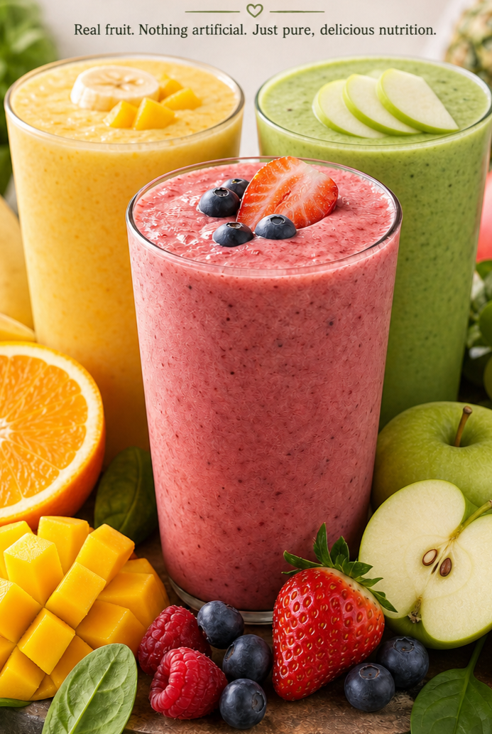 Three smoothies in tall glasses surrounded by fresh fruits including strawberries, blueberries, raspberries, green apple slices, mango chunks, and an orange half, with a background of additional fruits and greenery.