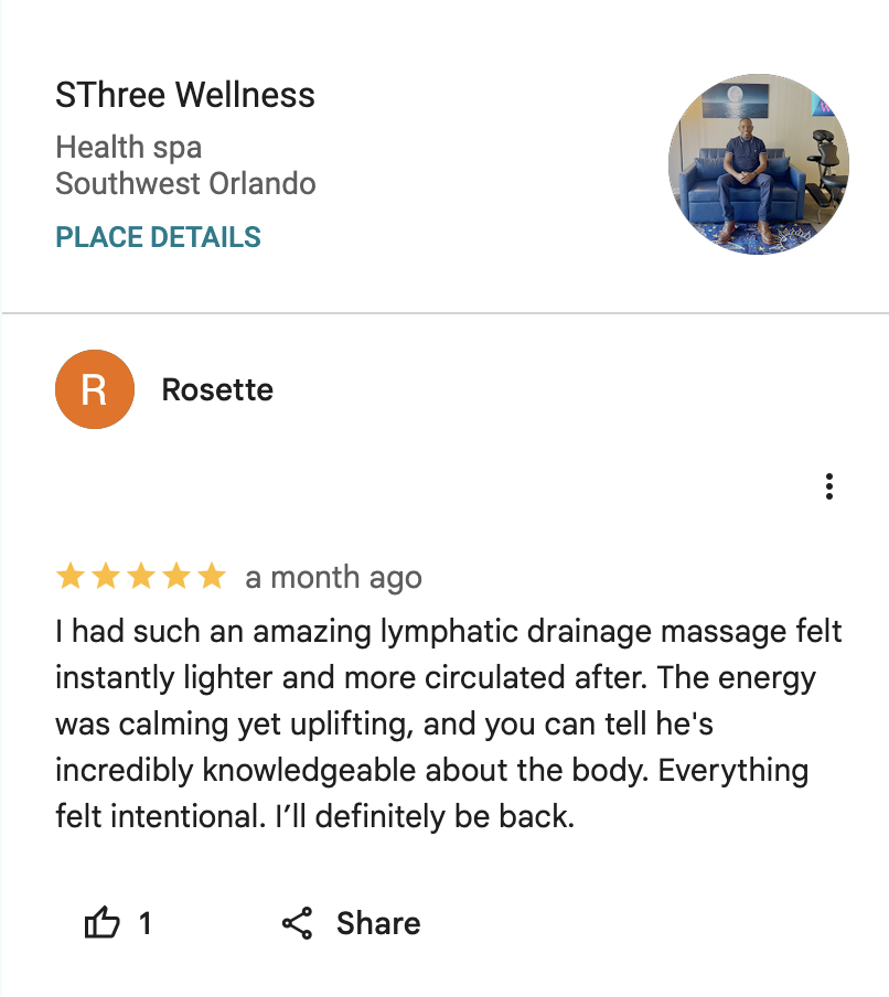 Google review for Three Wellness health spa in Southwest Orlando, featuring a profile picture of a man sitting on a blue sofa in a wellness center.