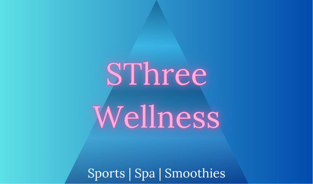 Pink text on a blue gradient background that reads "SThree Wellness" with smaller white text below that says "Sports | Spa | Smoothies".