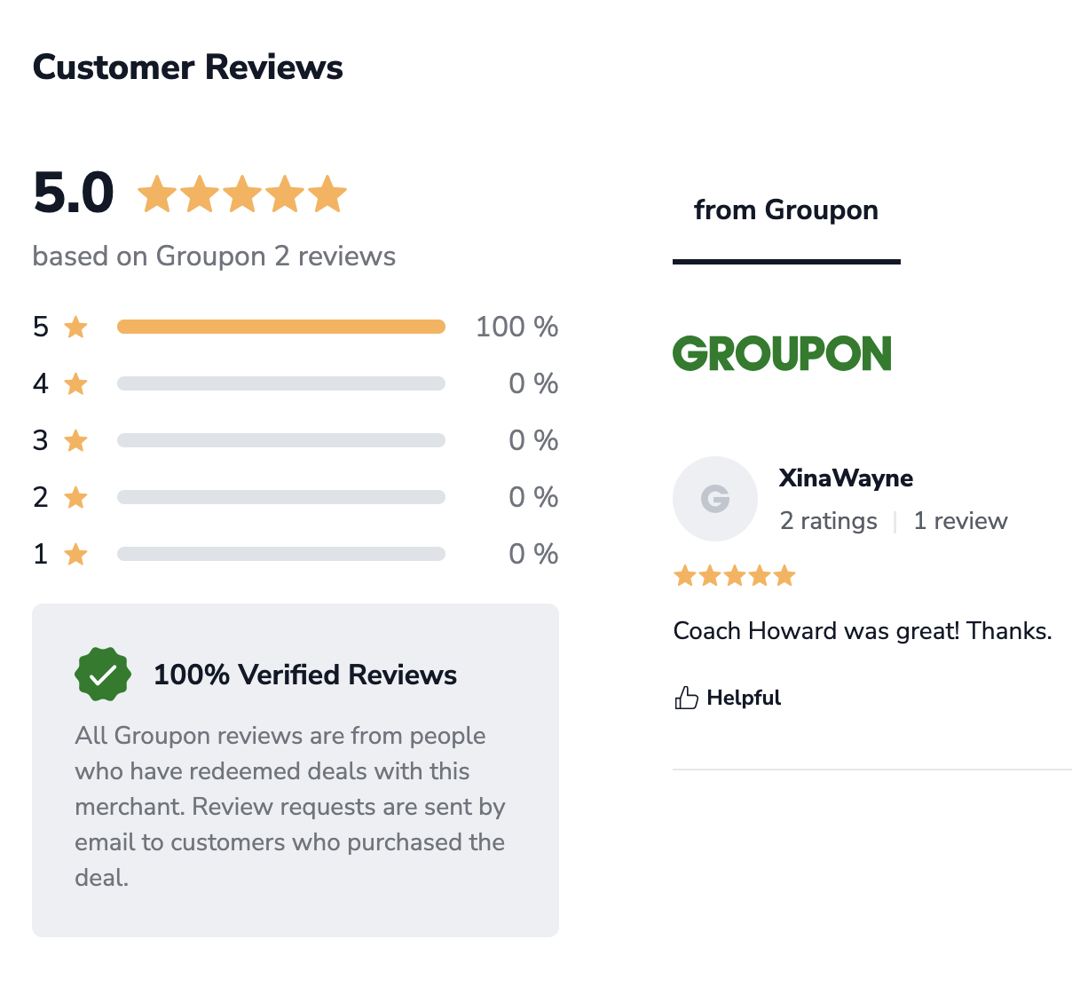 SThree Wellness in Orlando, FL massage and wellness spa customer reviews section with a 5-star rating based on 2 reviews from Groupon, positive review from Xina Wayne, and a verified reviews badge. The review says, "Coach Howard was great! Thanks."