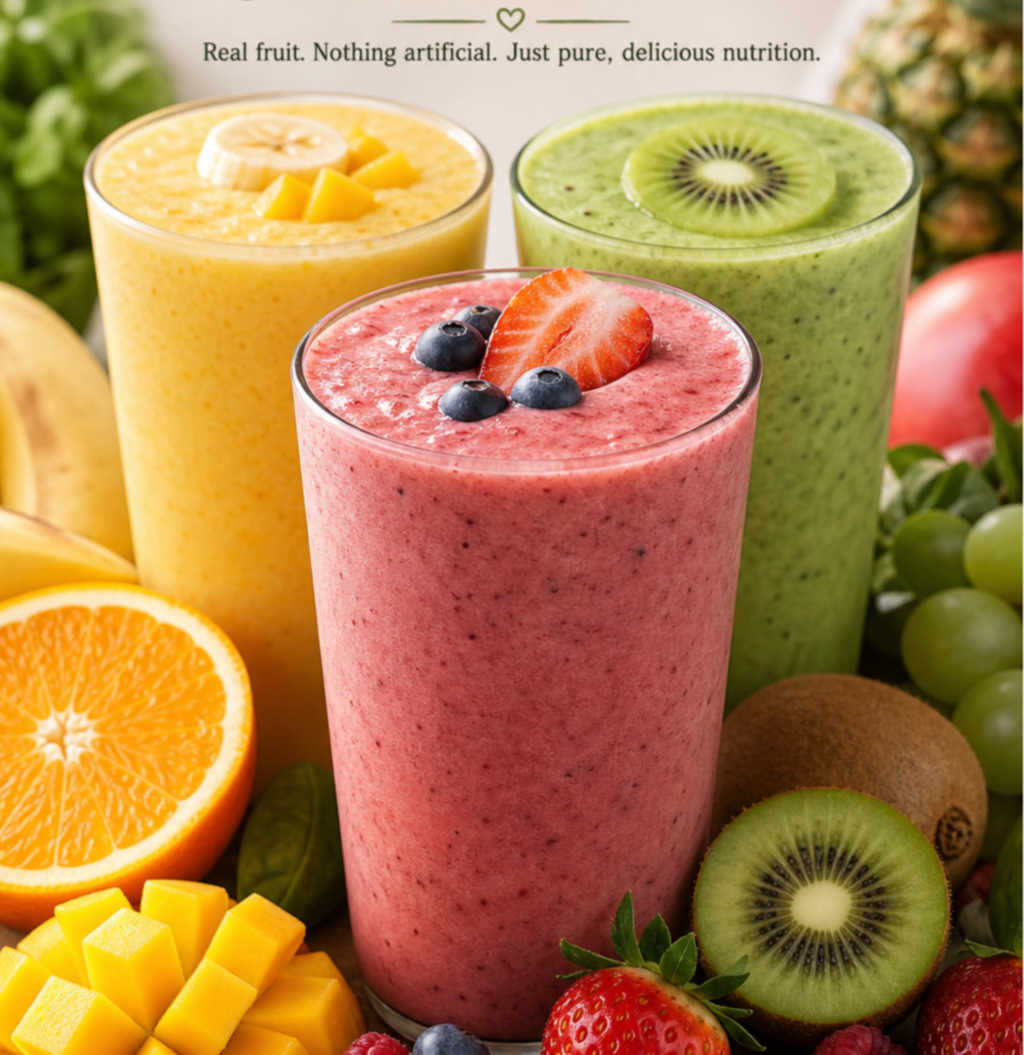 Three colorful nutrition vegan fruit smoothies topped with fruit slices and berries, surrounded by fresh fruits like orange, mango, kiwi, strawberry, and grapes.