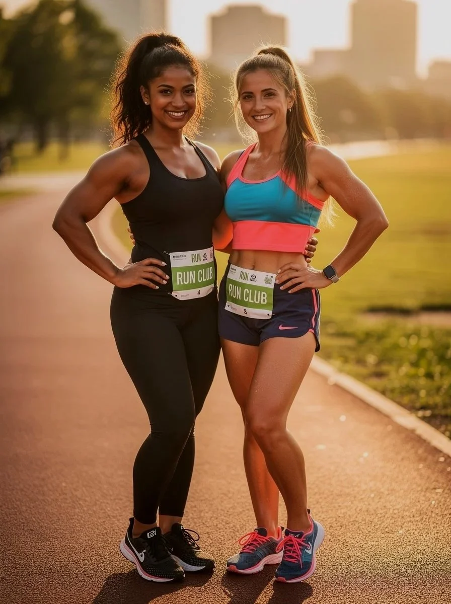 Two women in athletic gear standing on a running track, smiling at the camera during a sunset or sunrise.