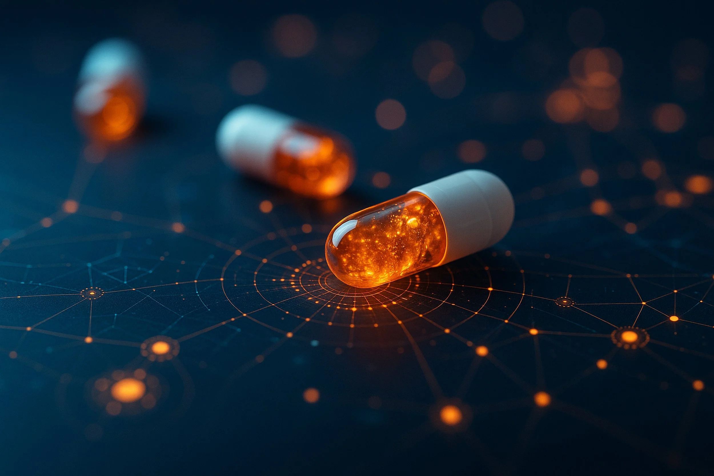 Close-up of orange capsules on a dark surface with a glowing, digital network pattern.