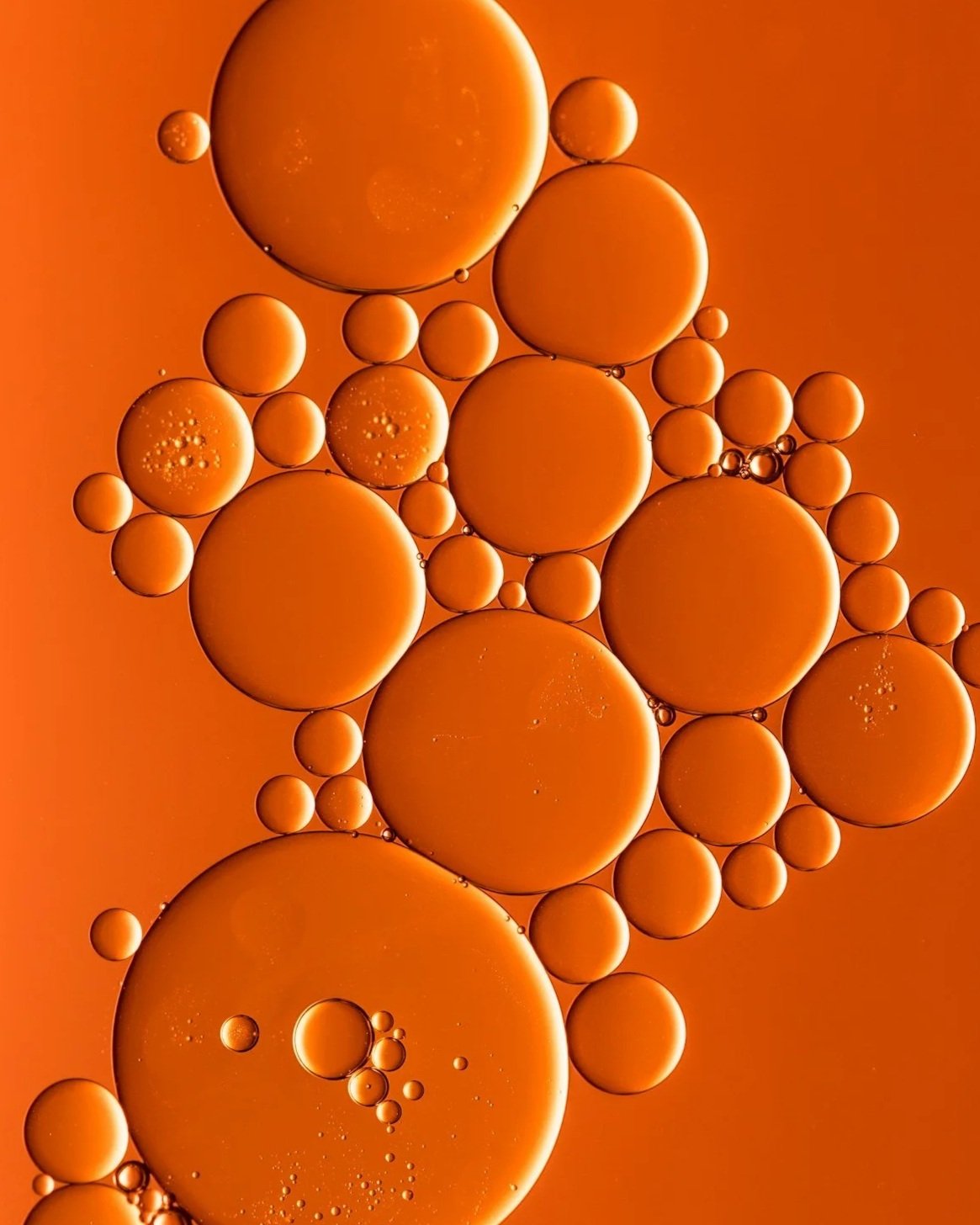 Close-up of orange oil droplets in water, creating a pattern of various-sized circles on an orange background.