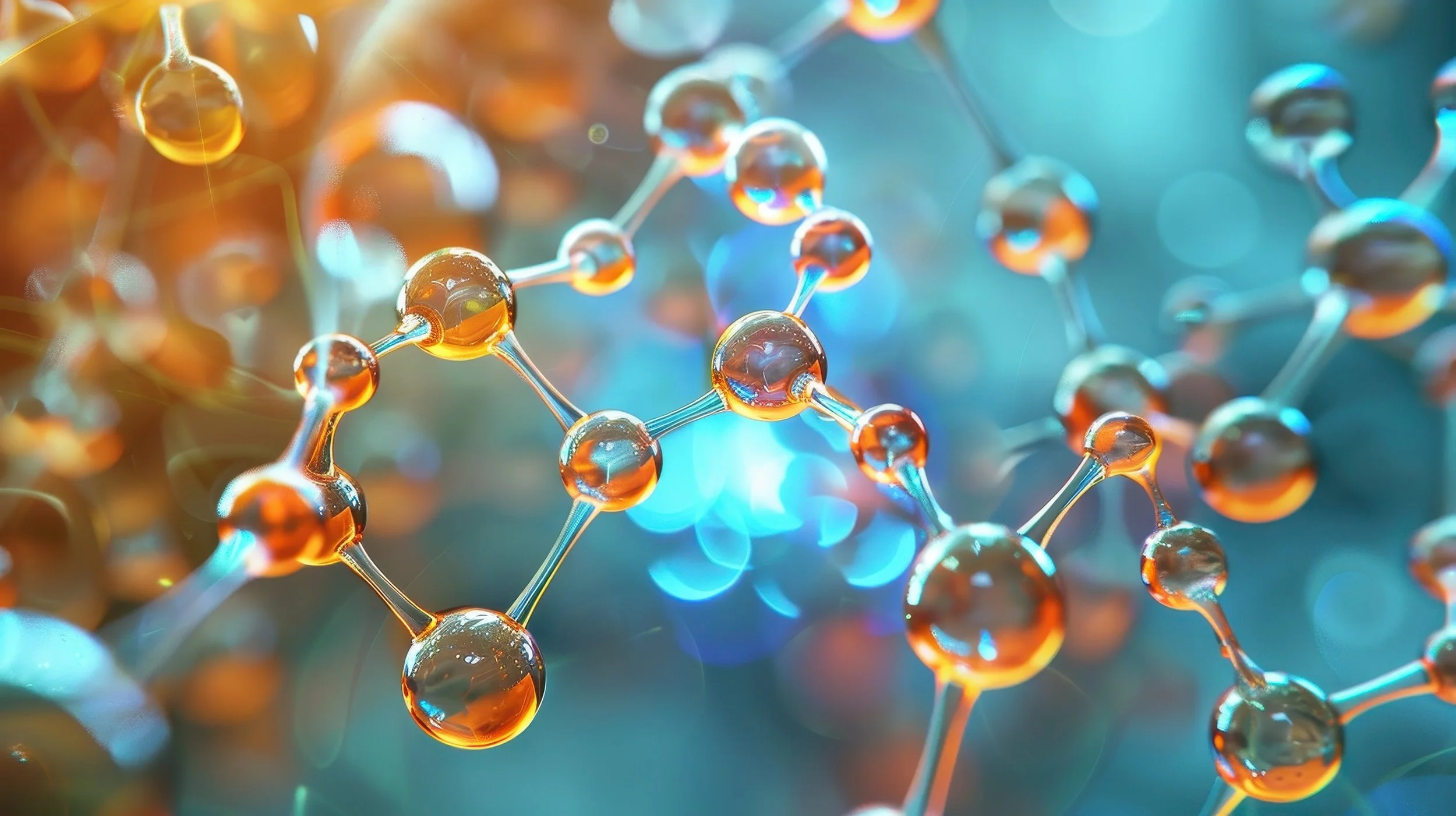 A close-up photograph of a molecular structure model with amber-colored spheres connected by thin rods, representing atoms and bonds, with a colorful bokeh background.
