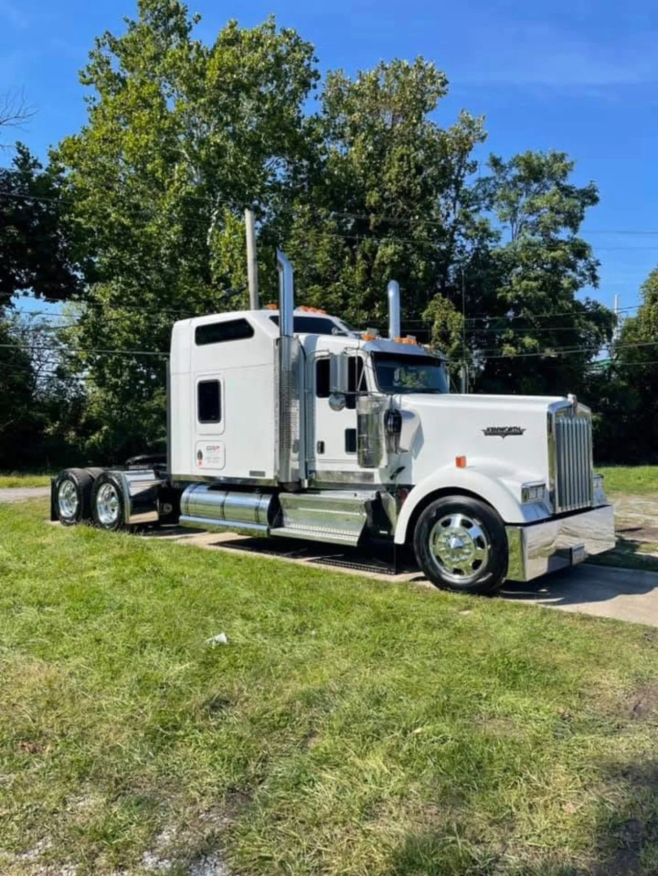A white semi-truck parked on grass with trees and blue sky in the background.