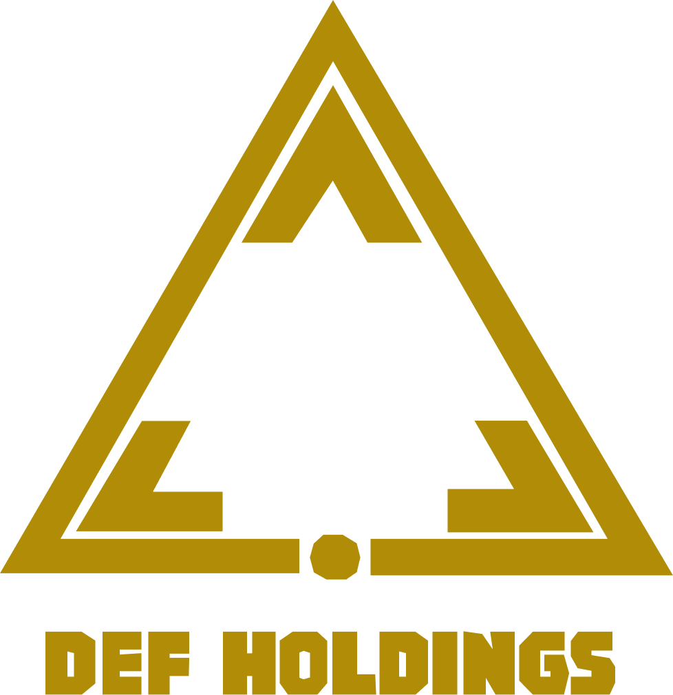A logo featuring a black silhouette of a tree inside a gold triangle with the words 'DEF HOLDINGS' written in gold at the bottom.