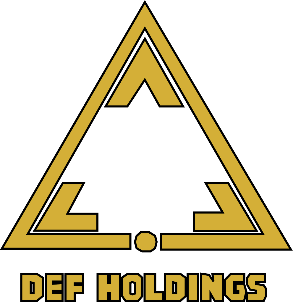 Gold triangular logo with a black maple leaf inside and the text "DEF HOLDINGS" beneath it.