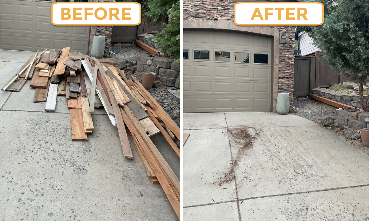 Side-by-side comparison of a driveway before and after cleanup. The 'Before' side shows a pile of wooden planks and debris, while the 'After' side shows a clean, swept concrete surface with some dirt, with the wooden planks removed.