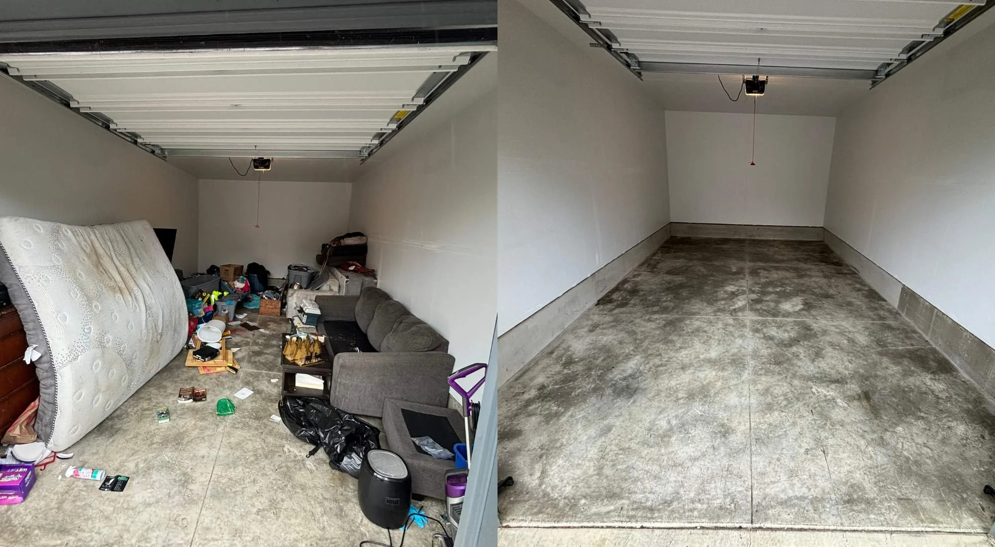 Compared photo of a cluttered garage and a clean, empty garage space.