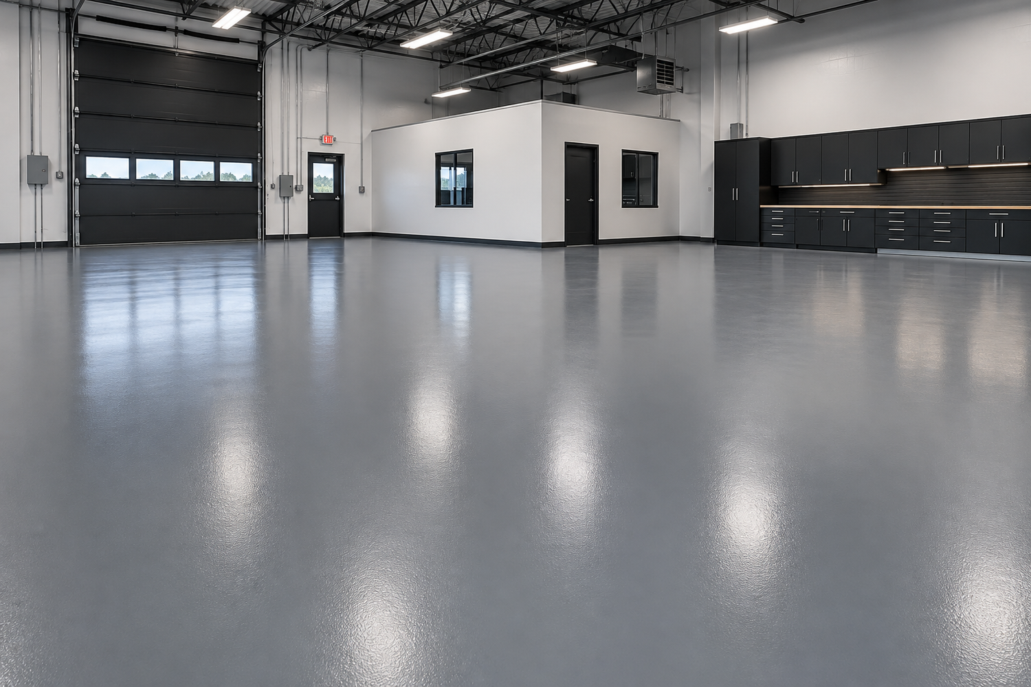 Finished polyaspartic solid color floor coating in a commercial space