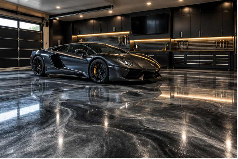 Metallic floor design inspiration in a luxury garage