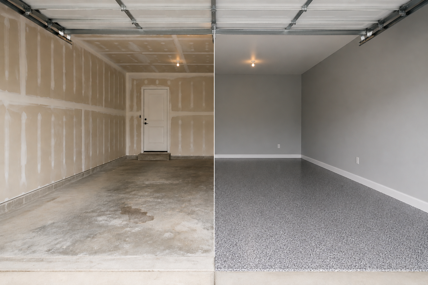 Garage before and after painting and floor coating transformation