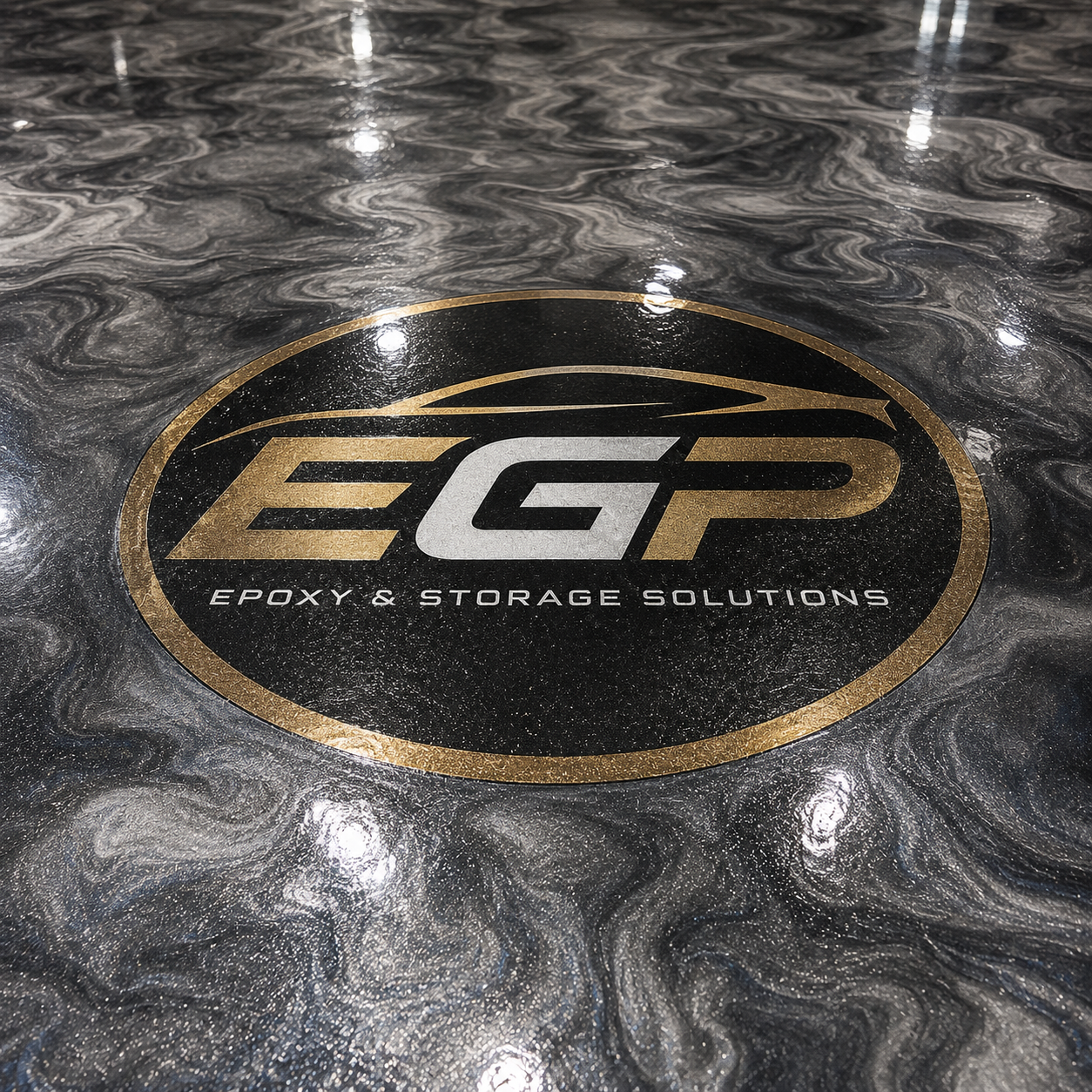 Logo for EGP Epoxy & Storage Solutions printed on a dark, marbled surface.