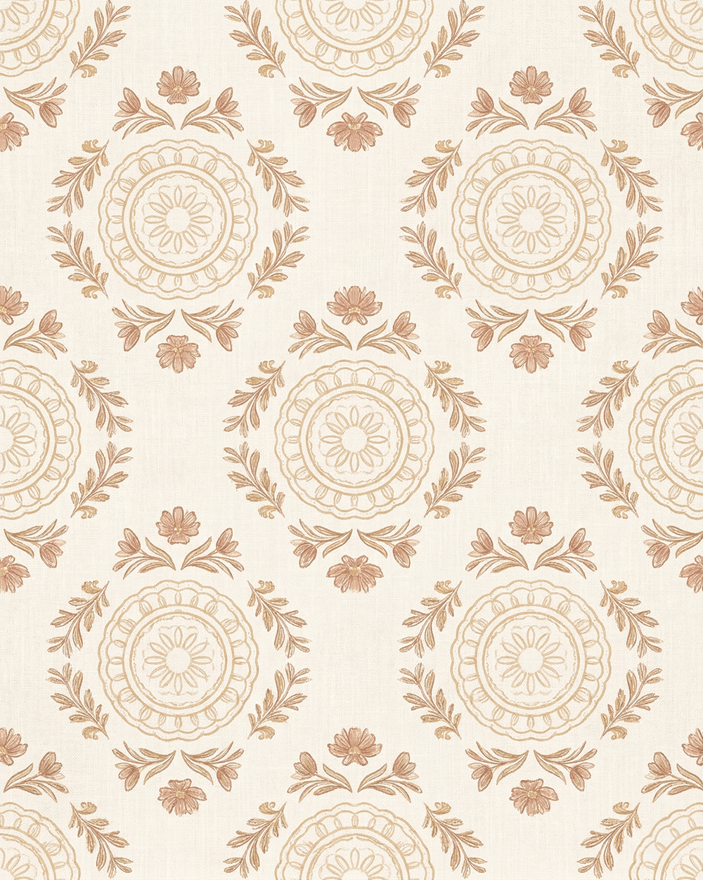 A seamless floral pattern with beige and light brown decorative designs and flowers on a cream background.