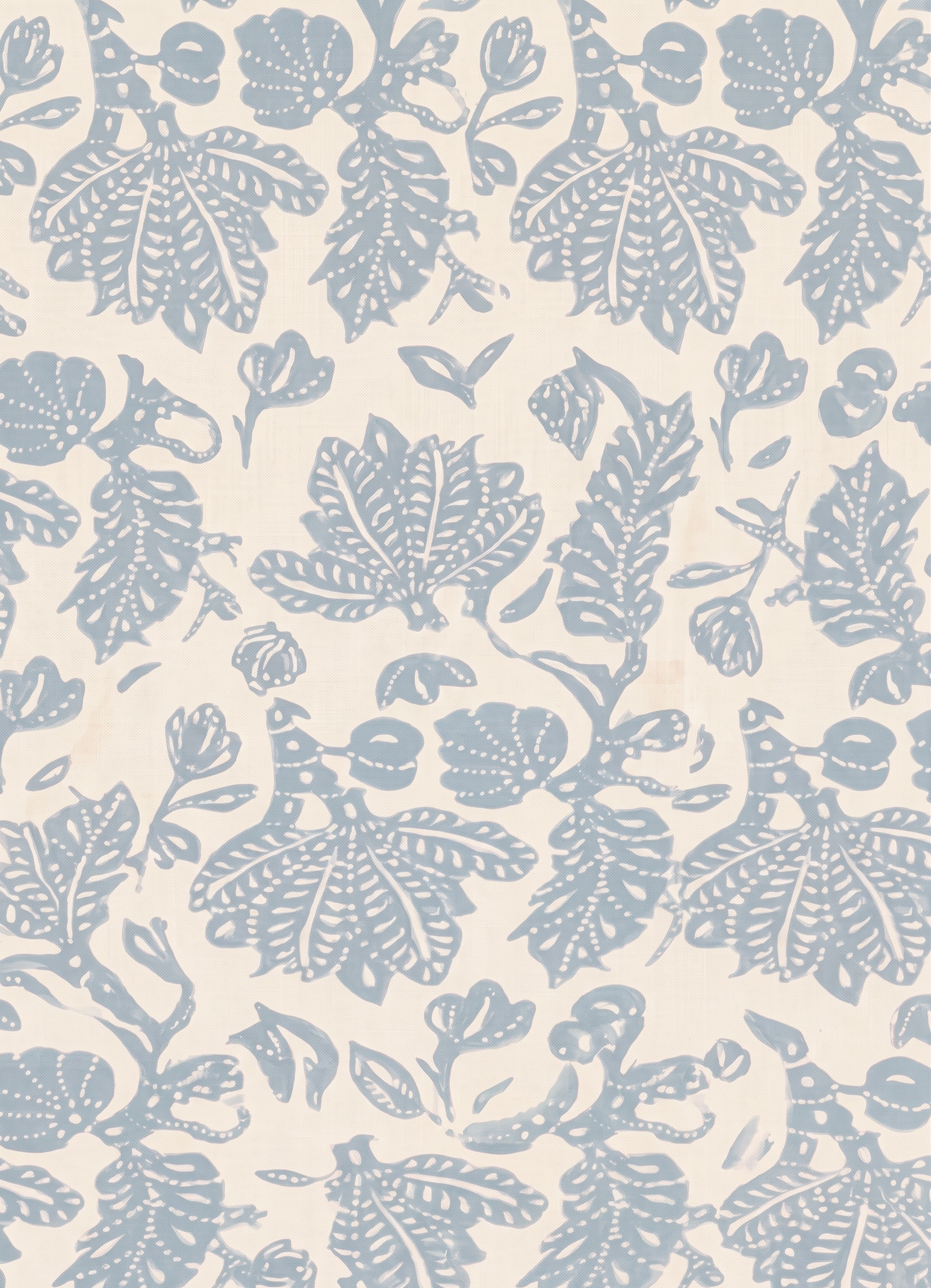 A fabric pattern featuring blue floral and leaf silhouettes on a beige background.