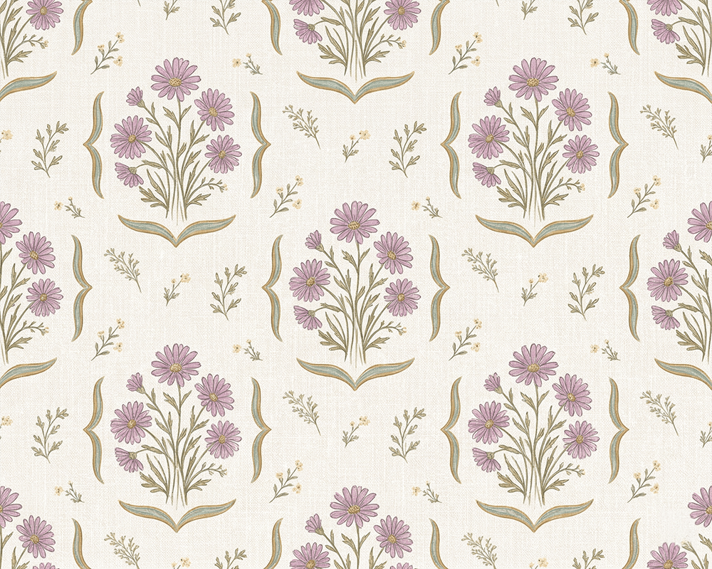 Pattern of purple daisies with green stems, beige leaves, and small beige flowers on a light background.