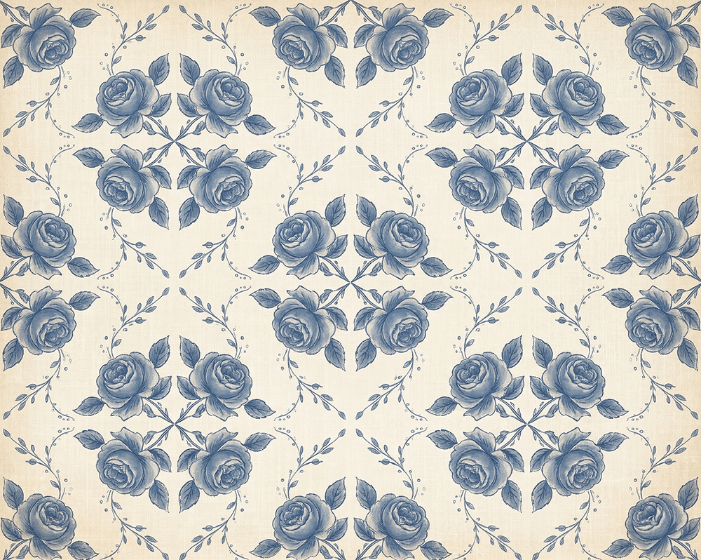 Pattern of blue roses and leaves on a beige background.